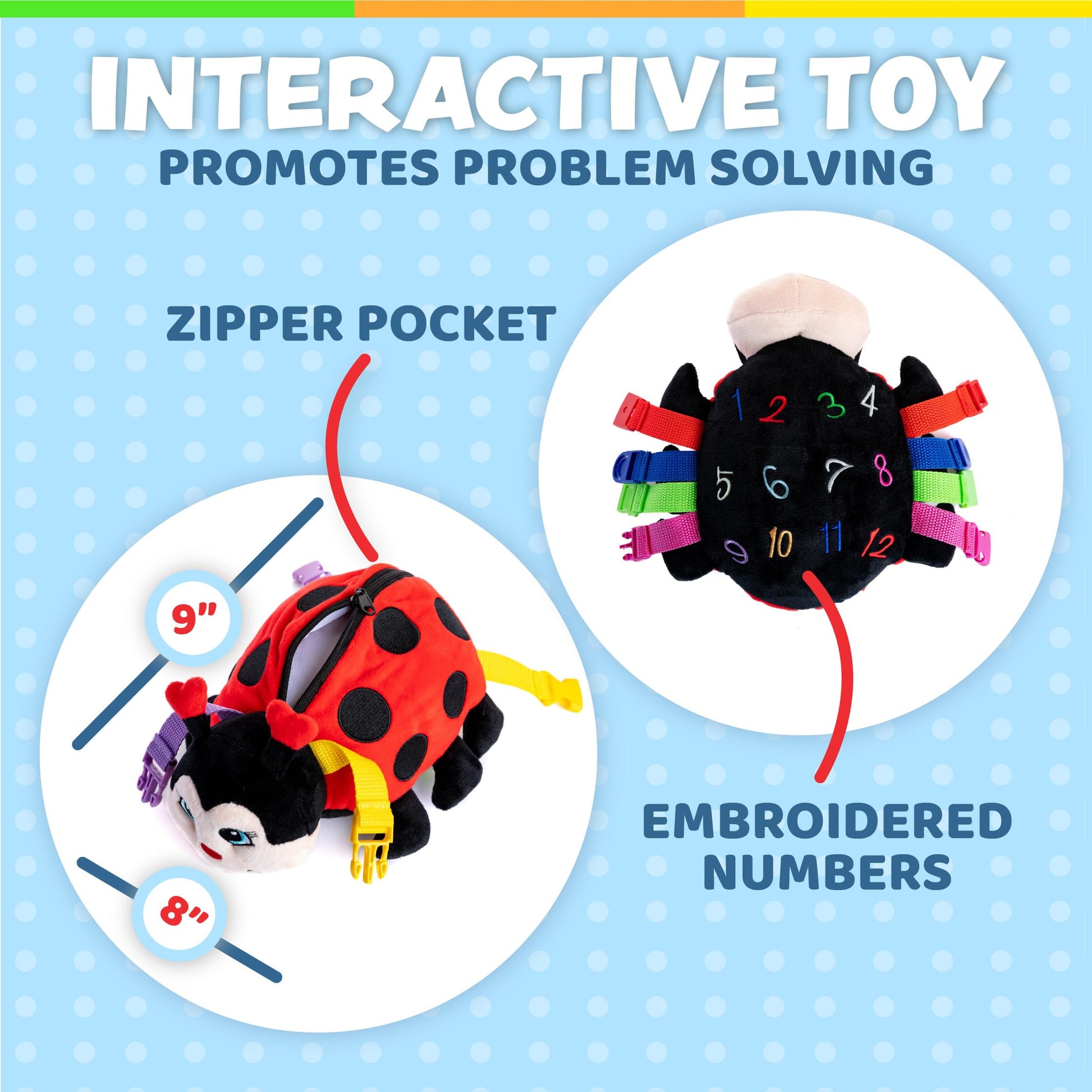 Buckle Toys - Becky Ladybug Stuffed Animal - Montessori Learning Activity Sensory Processing Toy - Develop Motor Skills and Problem Solving - Autism