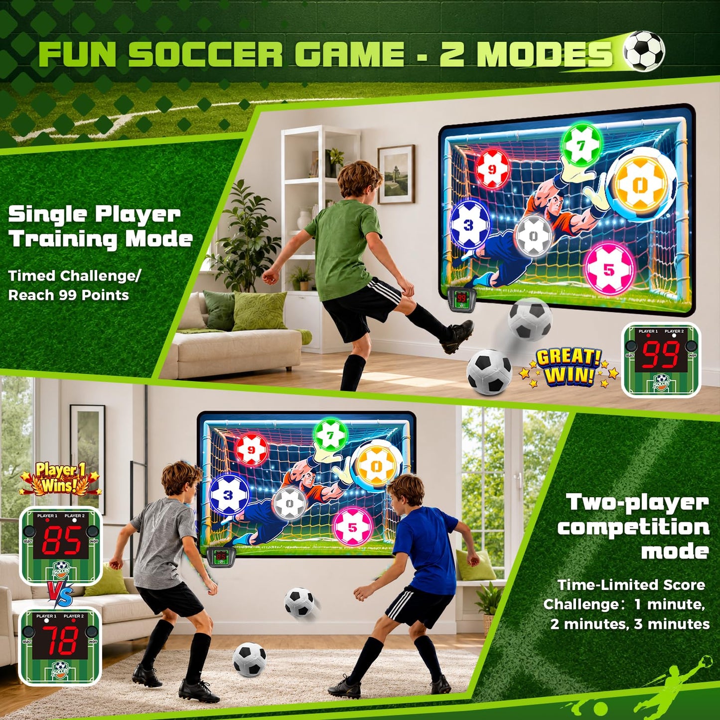 VATOS Electronic Scoring Soccer Toy Game Set for Kids, Indoor Outdoor Soccer Training Target with Real-Time Scoring & Sound, 2 Play Modes, Soft Fabric