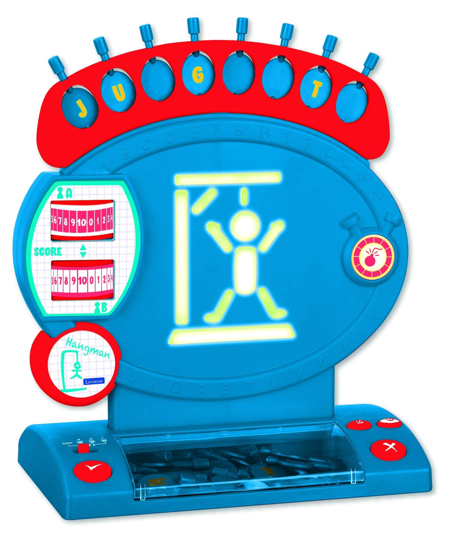 LEXiBOOK Electronic Hangman Game, Child and Family Board Game, Spelling and Vocabulary, Light and Sound Effects, 2 Players, Blue/red, JG800