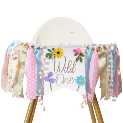 Wild flower High Chair Banner - Girls WildOne 1st Birthday Decoration, Floral Theme Highchair Banner, Our Little Wild flower Is Turning One Birthday