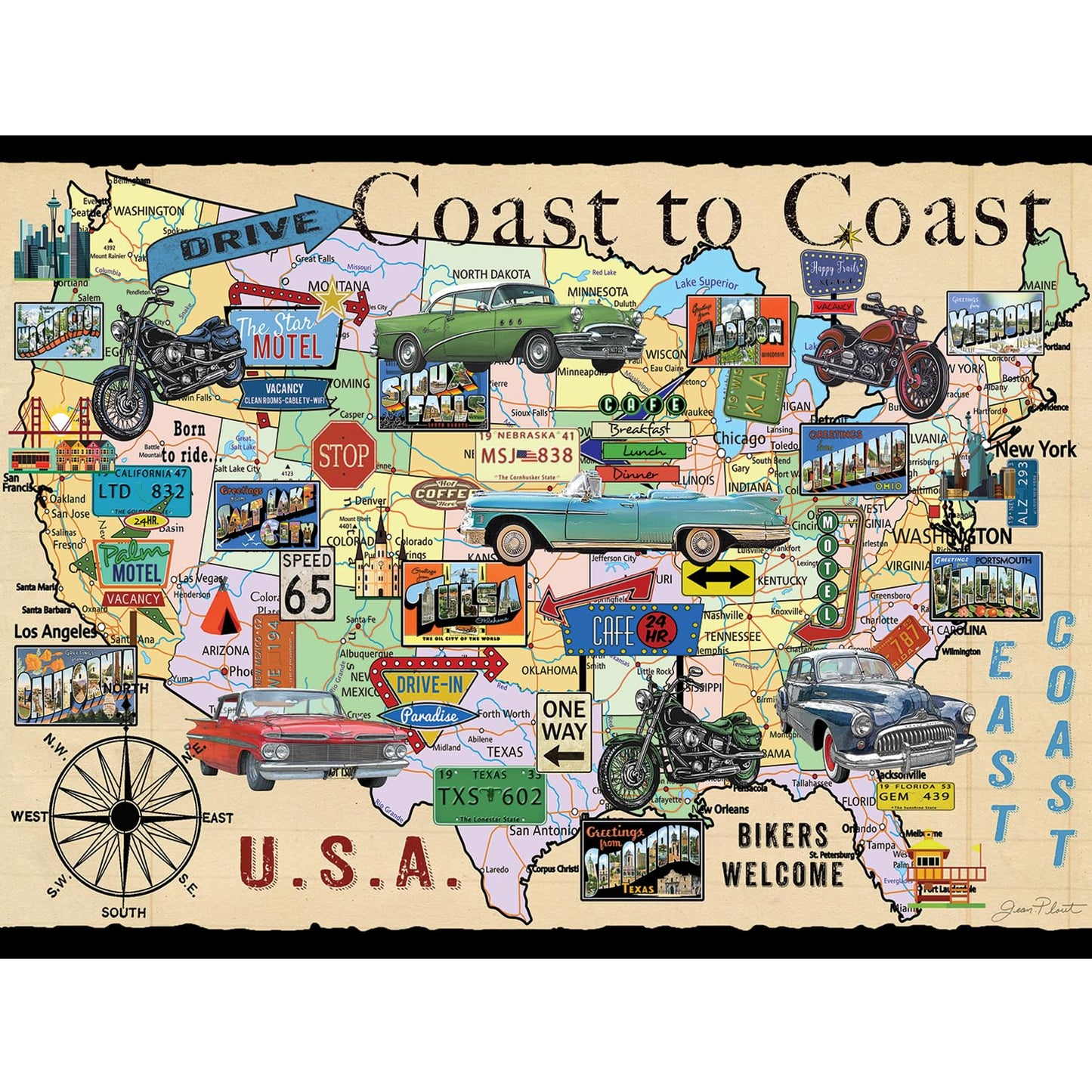 Bits and Pieces 1000 Piece Puzzles for Adults - Coast to Coast - - Large 20" x 27" Jigsaw Puzzles 1000 Pieces Retro American Collage Map, No 2 Pieces