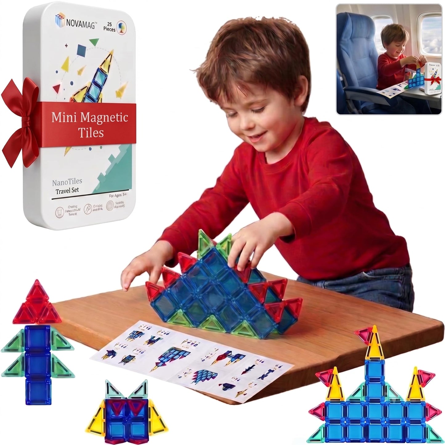 NOVAMAG Mini Magnetic Tiles Travel Set - Airplane, Travel Activities for Toddlers & Kids Ages 4-8 - Car, Road Trip, Plane Toys & Essentials, STEM