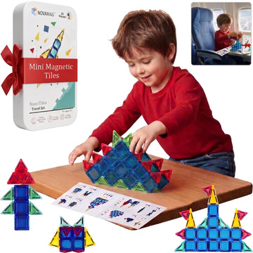 NOVAMAG Mini Magnetic Tiles Travel Set - Airplane, Travel Activities for Toddlers & Kids Ages 4-8 - Car, Road Trip, Plane Toys & Essentials, STEM