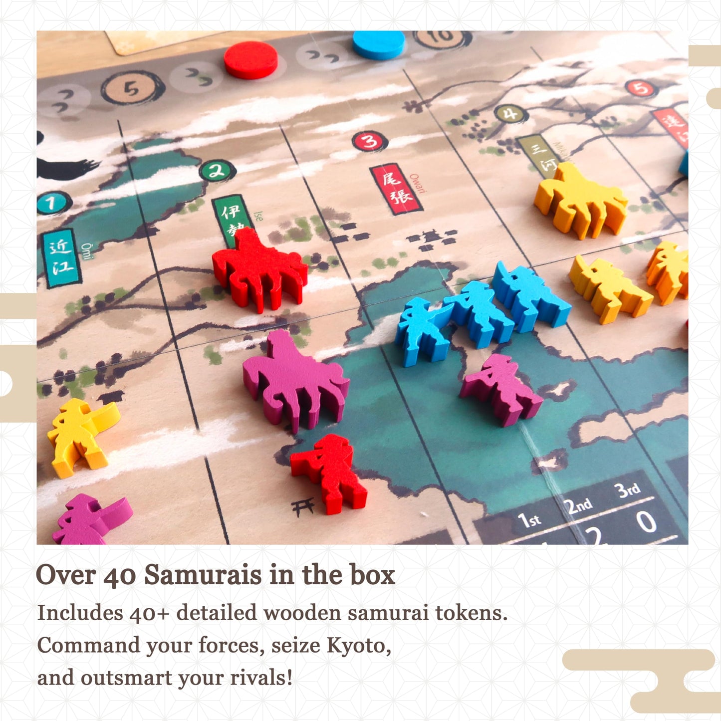 Moaideas Game Design Joraku Deluxe Strategy Board Game, 40 Wooden Samurai Meeples, Area Control and Trick-Taking Mechanics, for Strategy Game