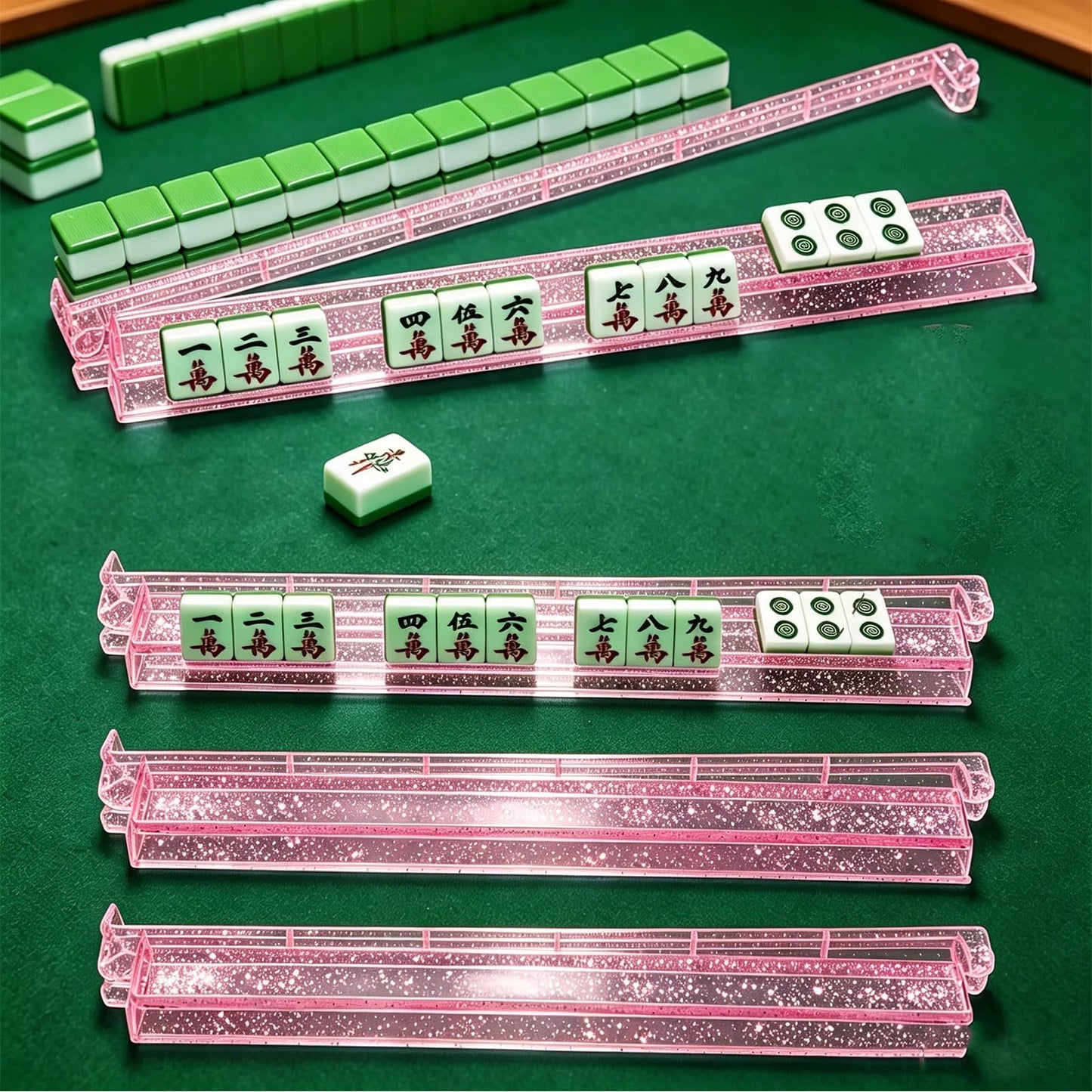 VKDDM Non-Slip Mahjong Racks with Pushers - Set of 4 Pack Clear Acrylic Racks with Beautiful Silver Glitter, American Mahjong Tile Racks Accessories