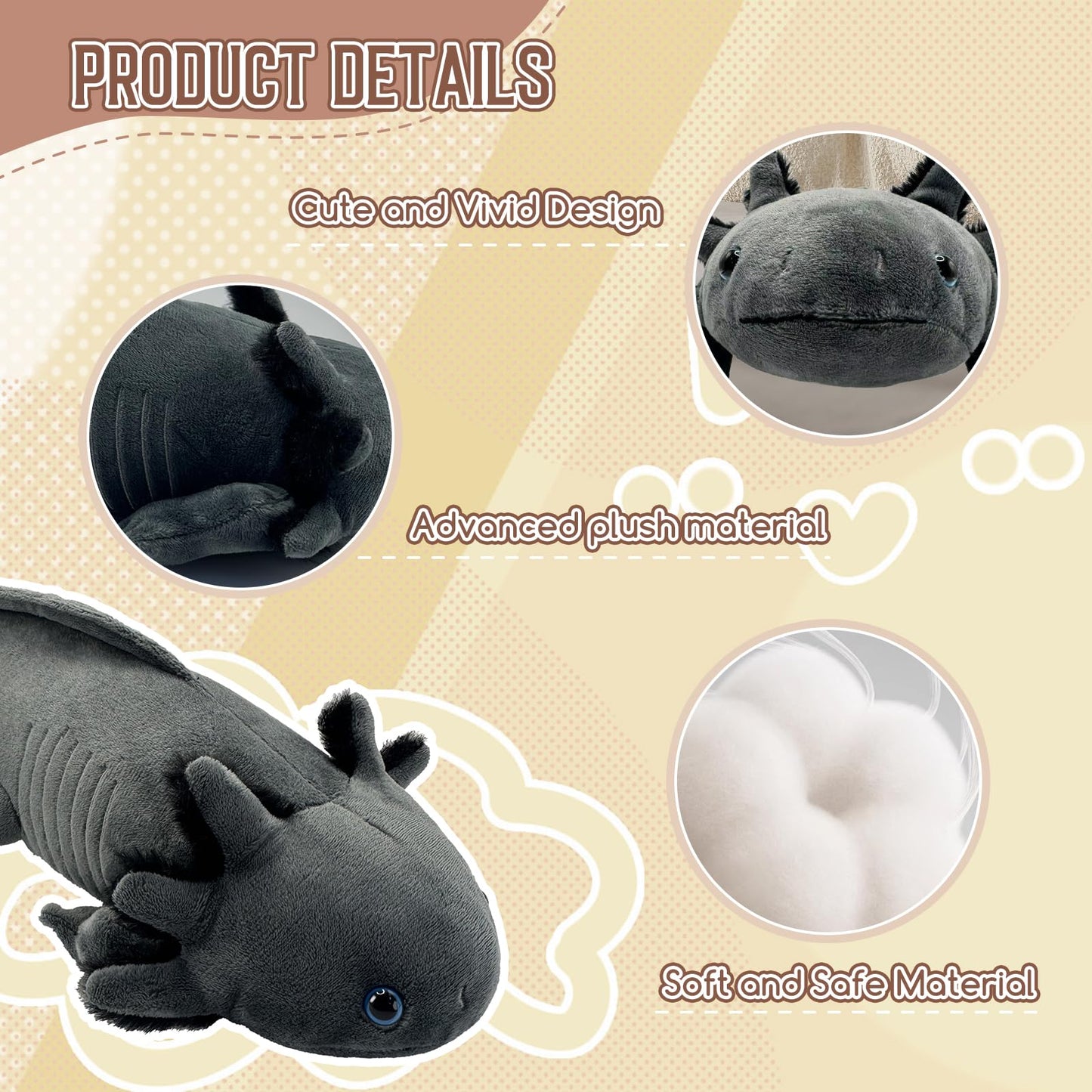 Roqei Axolotl Plush - Soft Grey Axolotl Stuffed Animal, 19 Inch Cute Salamander Plush Pillow, Kawaii Plushie Toy, Birthday Gifts for Kids and Youth