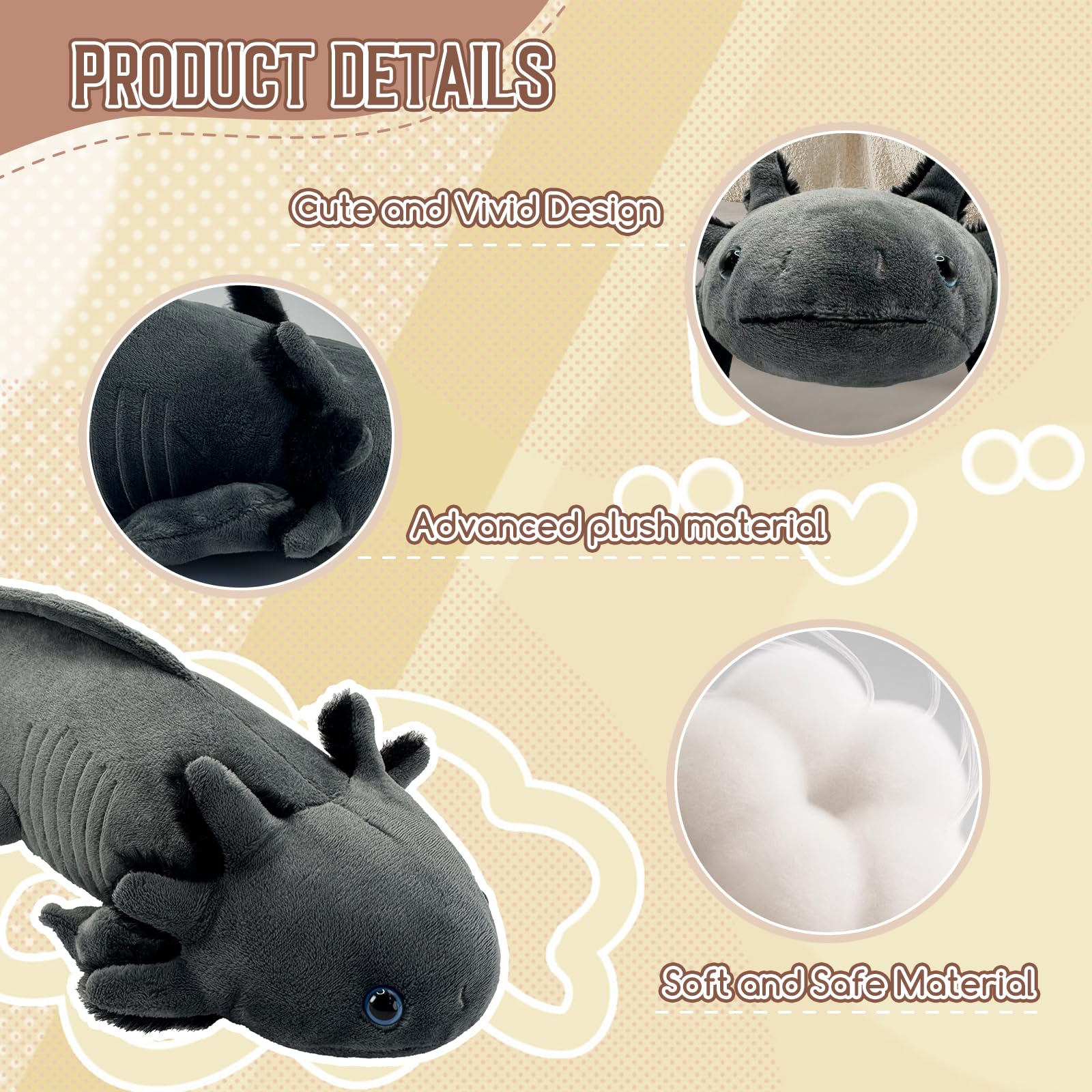 Roqei Axolotl Plush - Soft Grey Axolotl Stuffed Animal, 19 Inch Cute Salamander Plush Pillow, Kawaii Plushie Toy, Birthday Gifts for Kids and Youth