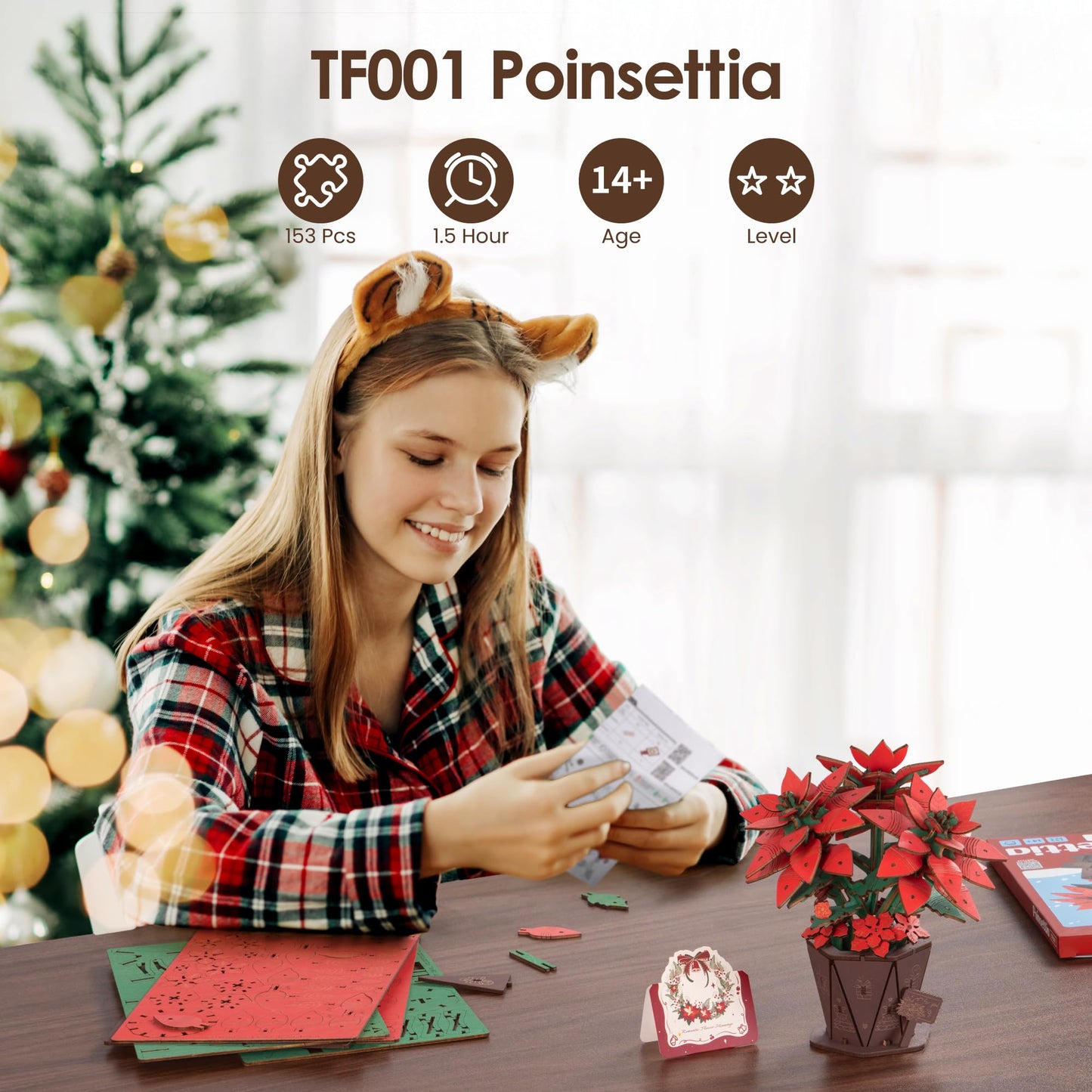 ROBOTIME 3D Wooden Poinsettia Puzzle - with Flower Pot Base, Adjustable Stem, Christmas Home Desk Decor, DIY Craft Kit for Adults