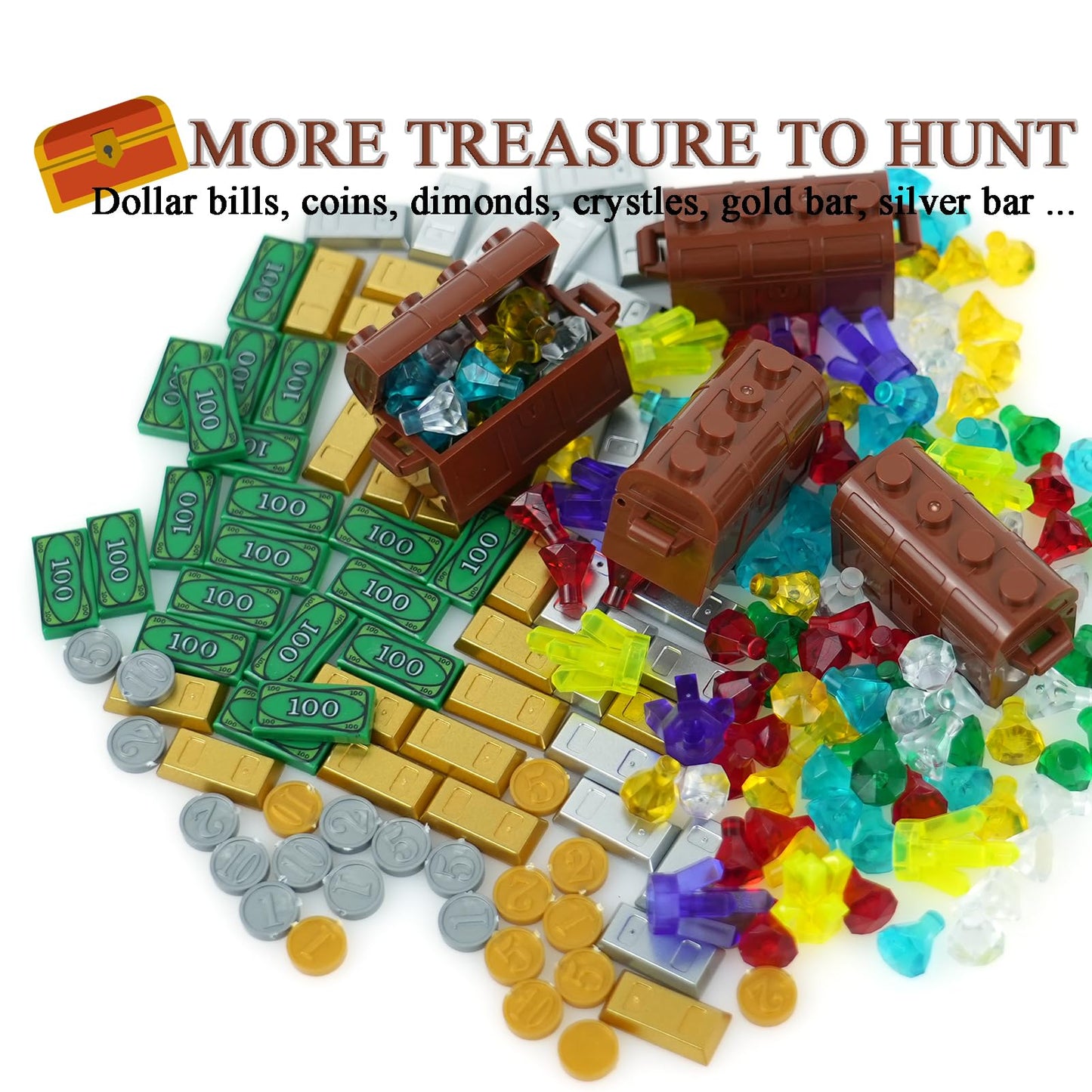 BroTex Pirates Treasure Chest Money Dollars, Silver Golden Gems Crystals Bag Torch Cannon Bricks Accessories Pack, Building Blocks Toys
