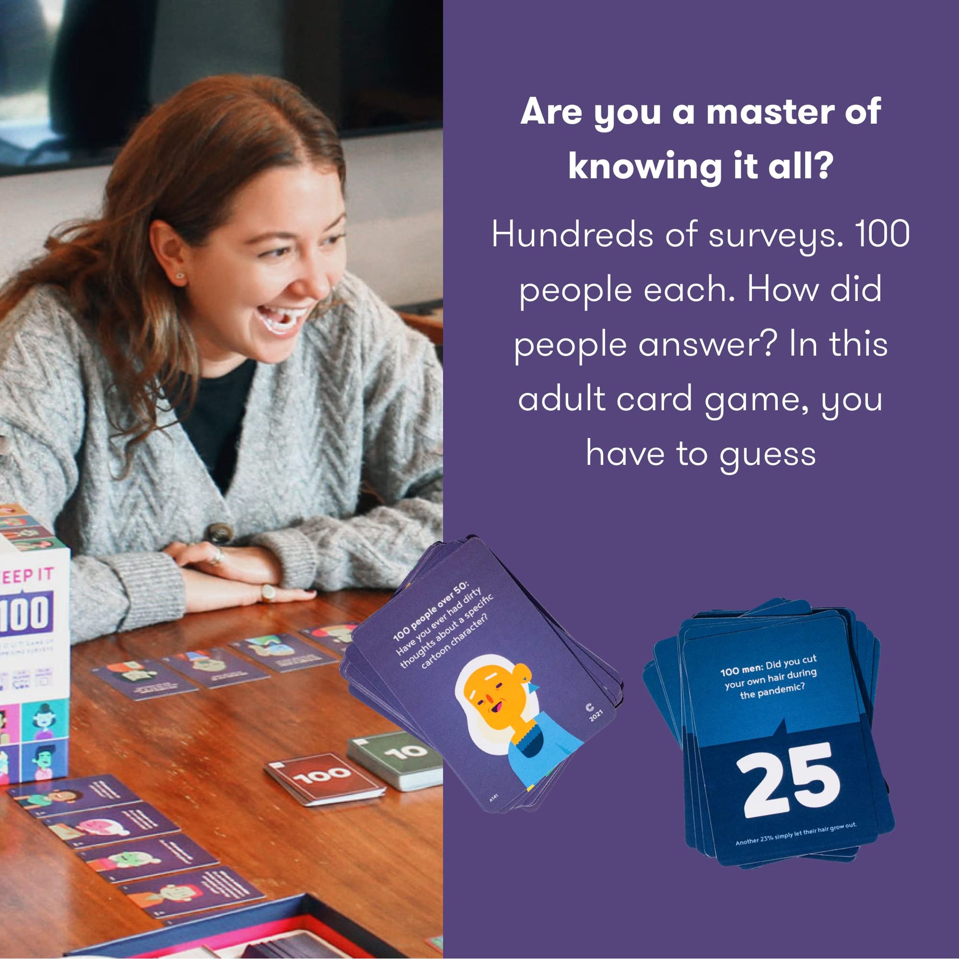 Keep It 100: The Card Game by Cut | Surprising Surveys & Intuitive Guessing | Card Game for Family, Friends, Parties and Game Night
