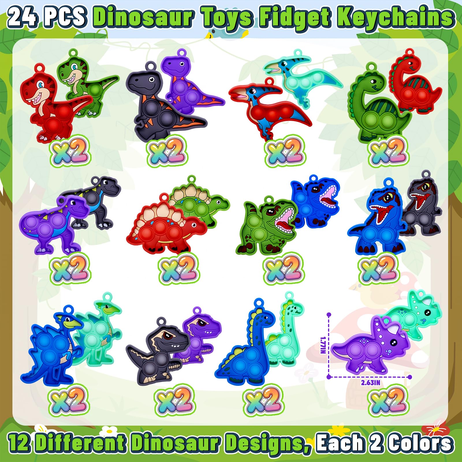 Kiss Monkey 24 Pack Dinosaur Party Favors for Kids, 12 Styles Dinosaur Silicone Fidget Keychains Bulk, Pop Sensory Fidget Toys, Birthday Goodie Bag