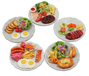 Miniature Dollhouse Food Set Handmade, 5 Realistic Meal Plates, Air Dry Clay Mini Food Accessories, 1:6 Scale Kitchen Decor, 1.3 Inch Ceramic Plates