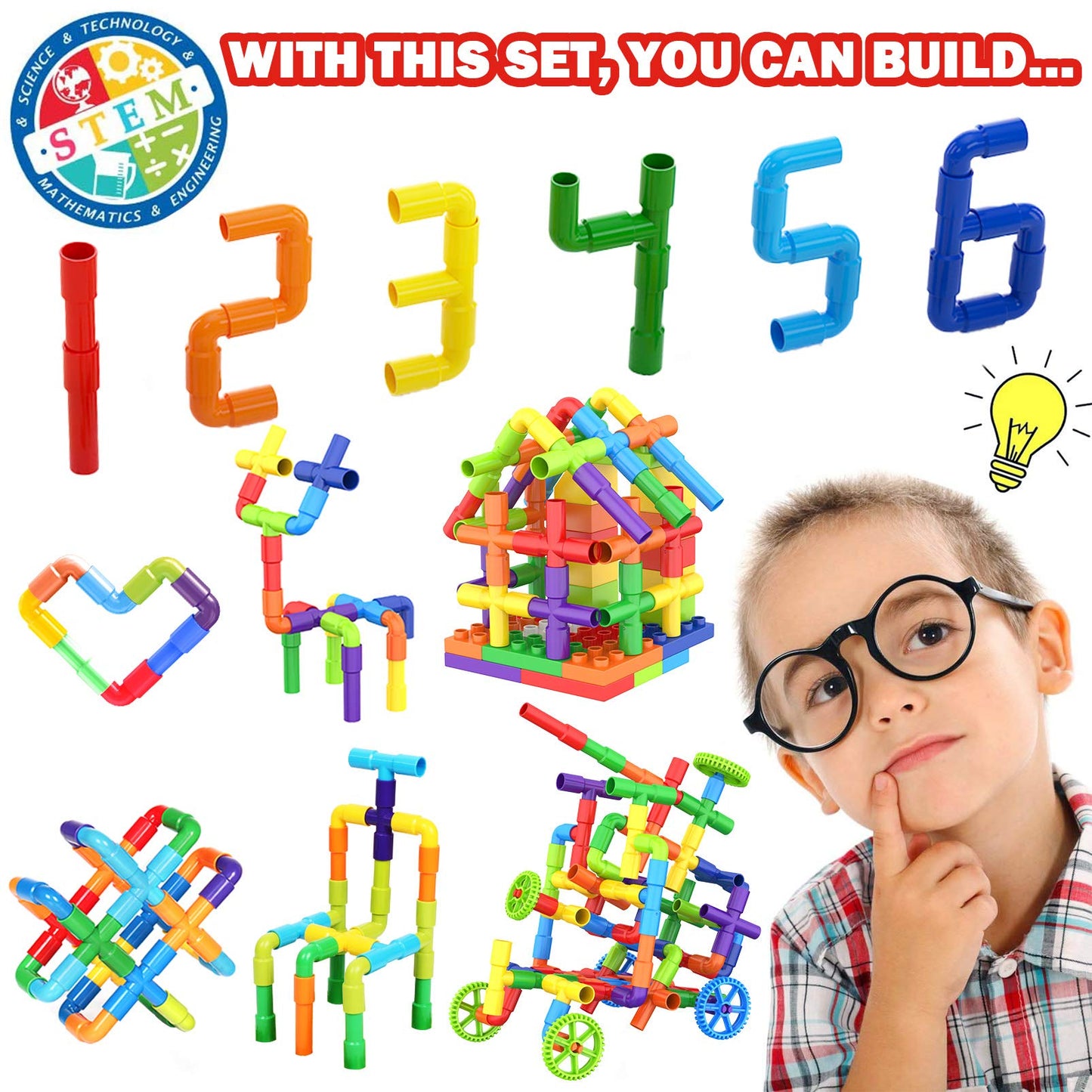 250PCS Pipe Tube Learning Toy for Toddlers, Educational STEM Bins for Classroom Preschool Building Toys, Montessori Interactive Autistic Sensory Toy