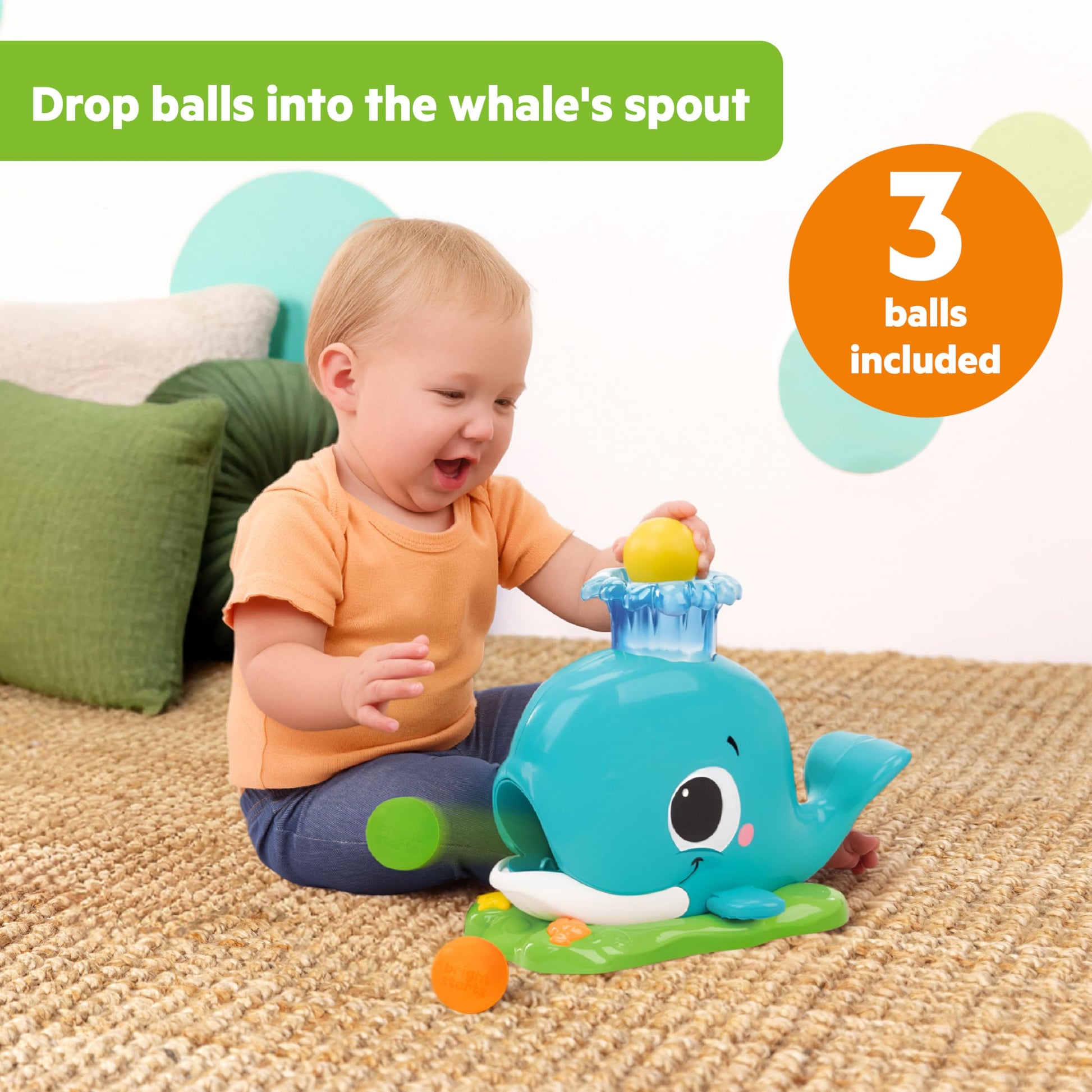 Bright Starts Silly Spout Whale Popper Toy for 6 Months and Up, Toddlers 1-3, Having A Ball Collection, Baby Ball Drop Toy, 3 Balls Included, Music