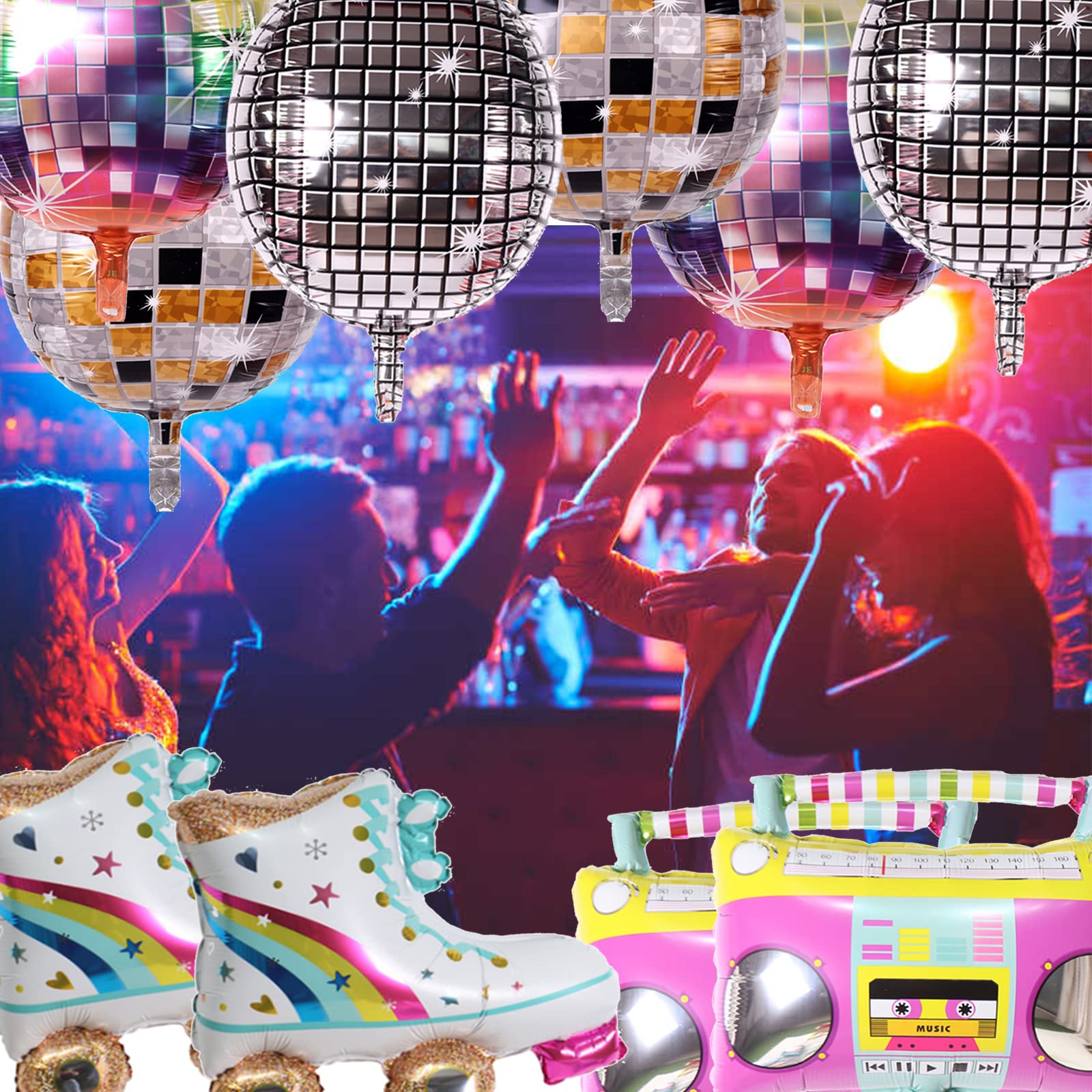 Timisea 10 PCS Rainbow Roller Skate Balloons Boom Box Balloon,22 Inch Round Color Foil Balloons, 4D Laser Disco Foil Balloons 80s 90s Retro Theme Hip
