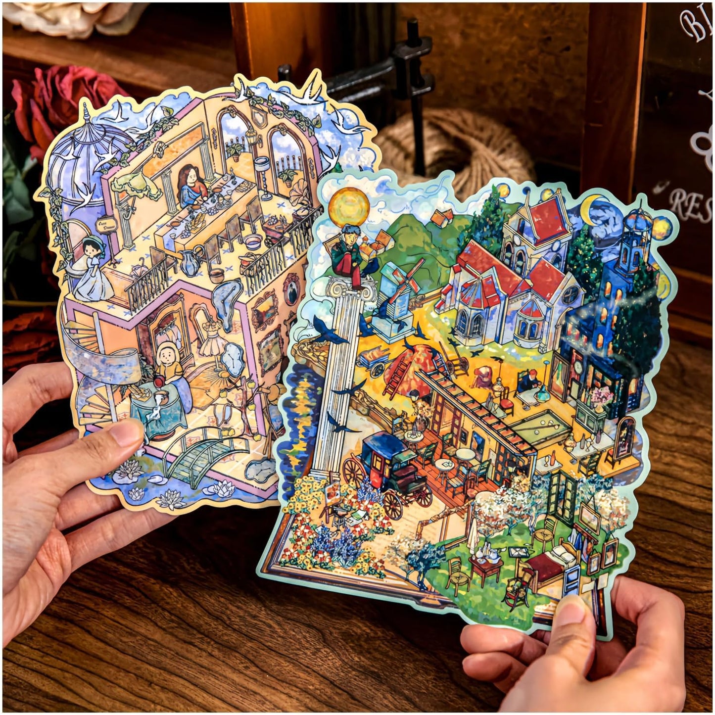 4 Sets 3D Scene Stickers for Adults & Teens - Large-Size Miniature Room Scene Stickers for Stress Relief, with 1 Tweezer | Oil Painting Style: Van
