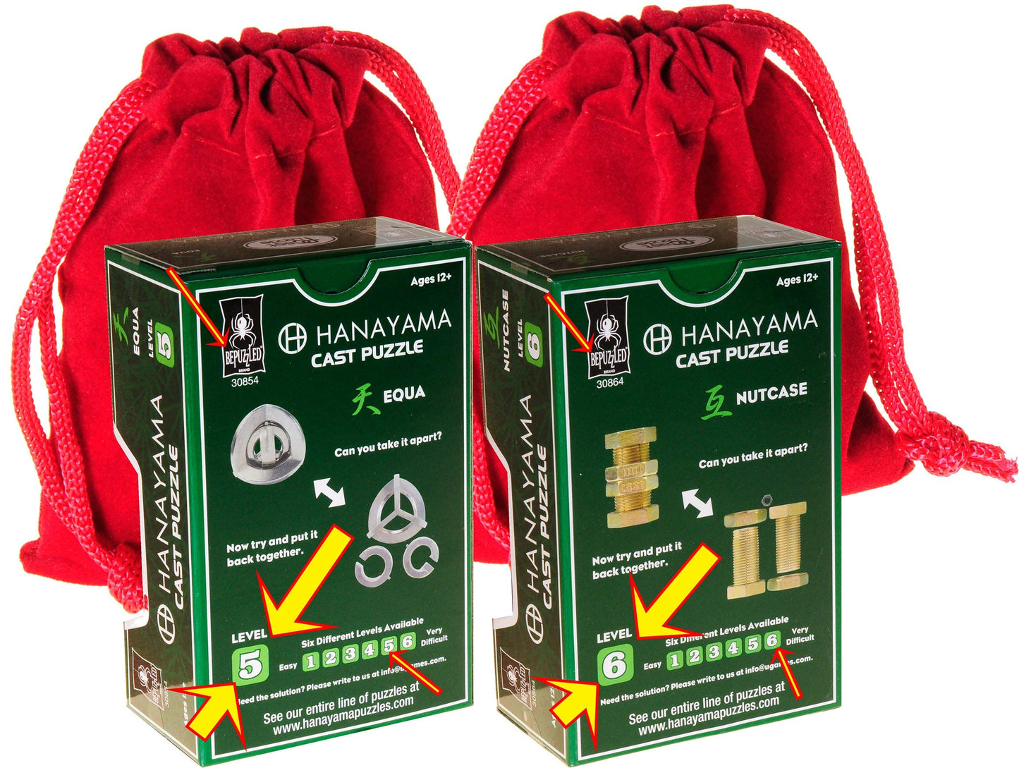Hanayama Brain Teaser Puzzles with Red Velveteen Drawstring Pouches Bundle for Challenging Mind Games