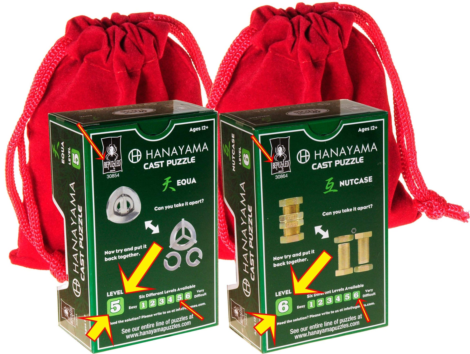 Hanayama Brain Teaser Puzzles with Red Velveteen Drawstring Pouches Bundle for Challenging Mind Games