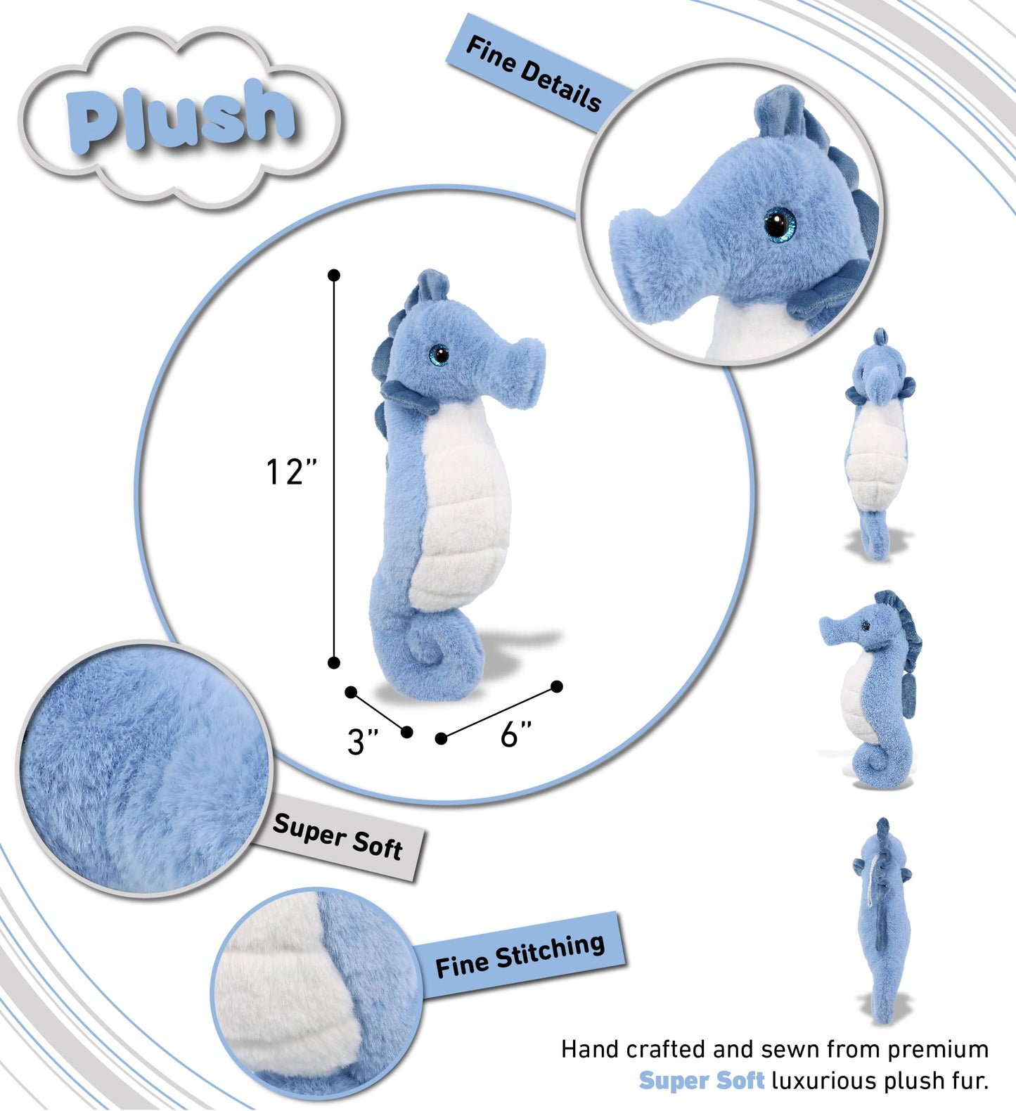 DolliBu Blue Seahorse Super Soft Stuffed Animal, Cute Realistic Stuffed Animals for Girls, Boys, Adults Animal Gifts, Kids Zoo Ocean Nursery Decor