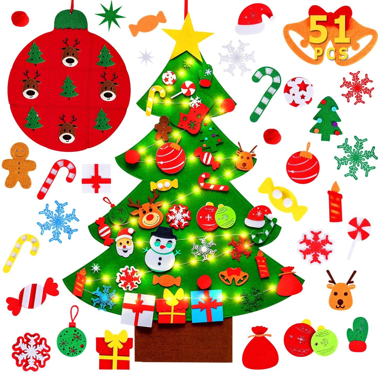 Max Fun DIY Felt Christmas Tree for Toddlers with 49 Christmas Ornaments + Tic-Tac-Toe Games for Kids Wall Hanging Christmas Decorations Felt Craft