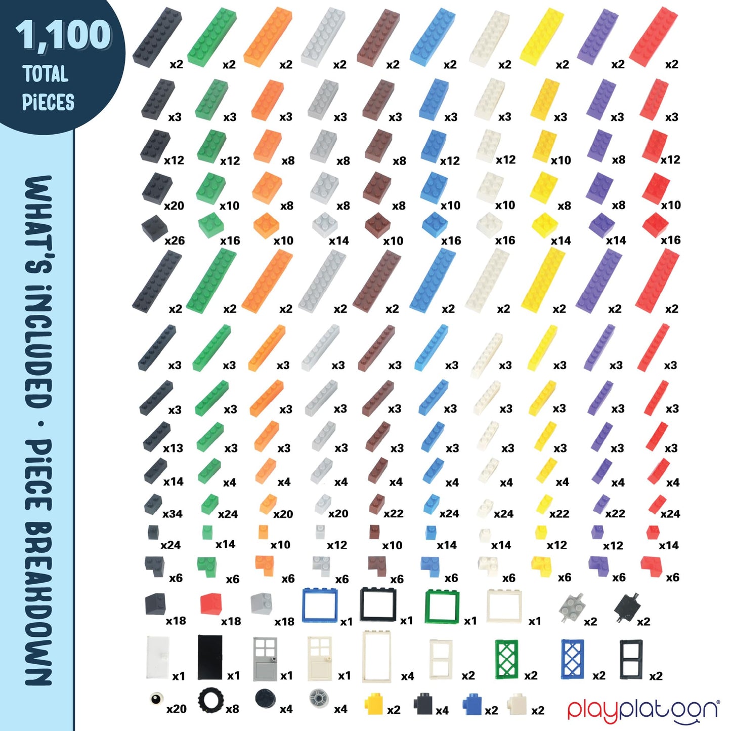 Play Platoon 1100 Pieces Building Bricks Set - 10 Classic Color Blocks - Bulk Building Blocks Compatible with Major Brands - 14 Different Shape Bricks