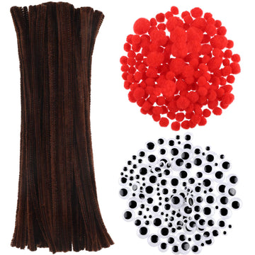450 Pieces Christmas Pipe Cleaners Sets, Including 100 Pieces Brown Chenille Stem, 200 Pieces Red Pom Poms and 150 Pieces Self Adhesive Wiggle Eyes