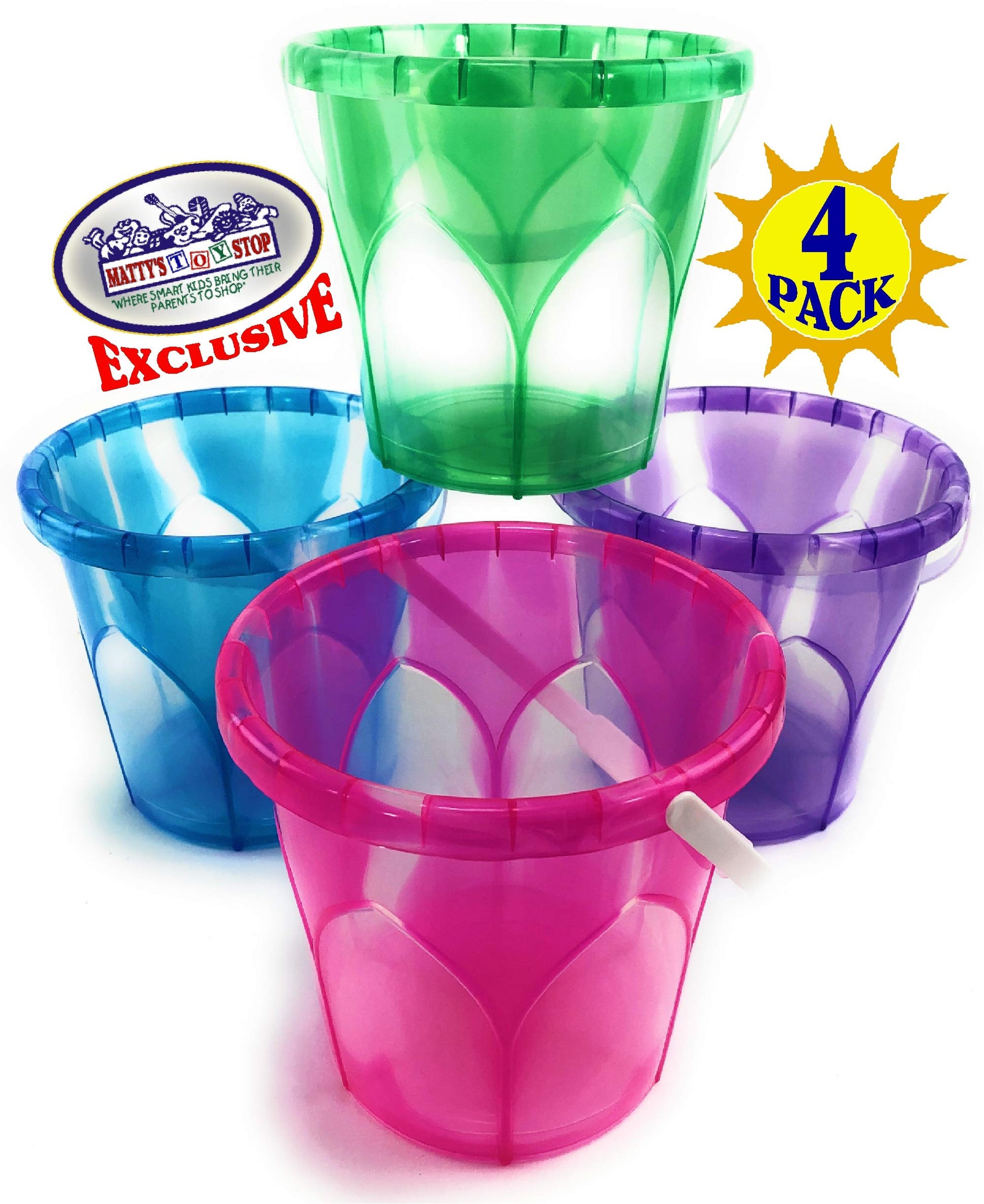 Matty's Toy Stop Beach Gear 6.5" Opaque Plastic Sand Buckets (Pails) Blue, Pink, Green & Purple Party Set Bundle - 4 Pack