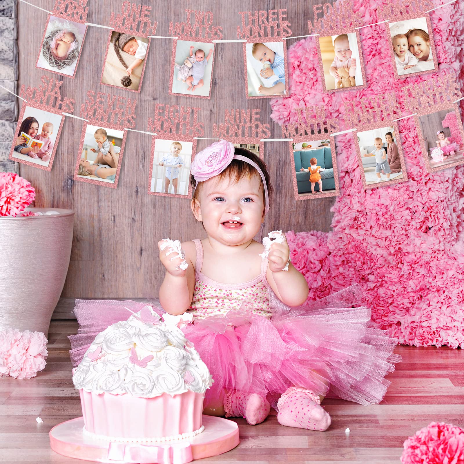 Whaline 1st Birthday Baby Photo Banner for Newborn to 12 Months, Monthly Milestone Photograph Bunting Garland, First Birthday Celebration Decoration