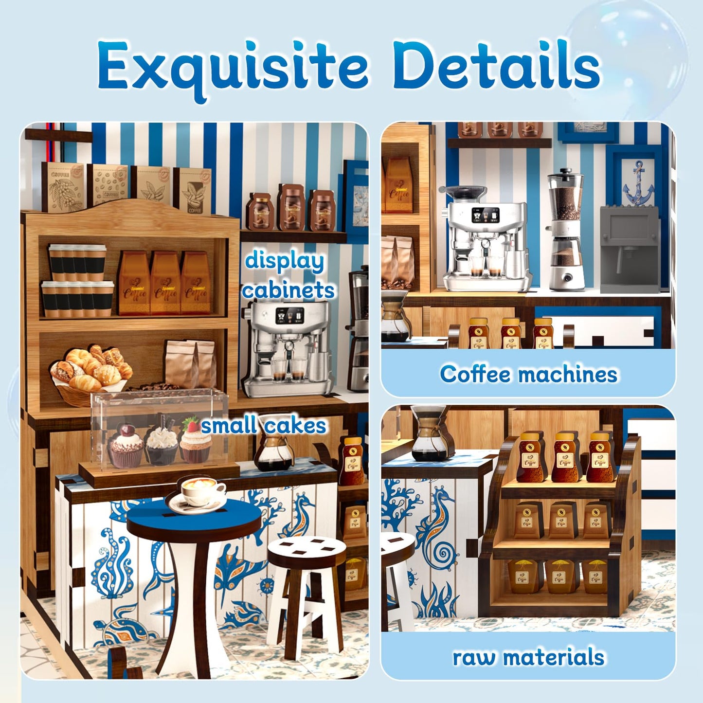 DIY Miniature Dollhouse Kit with Touch LED Light, 3D Wooden Puzzle Santorini Cafe Model, Creative Ocean Style Building Set, Arts and Crafts Gift