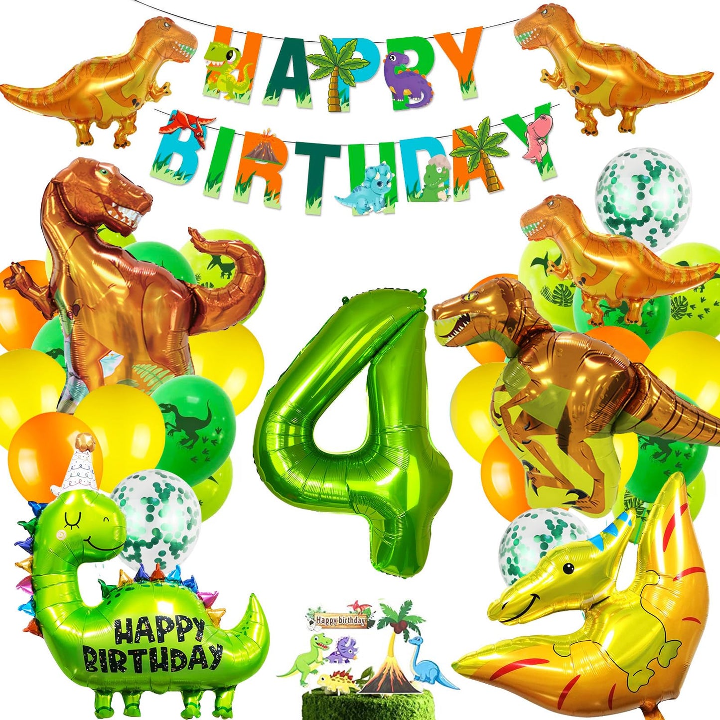Dinosaur Birthday Party Supplies, Dinosaurs Party Decorations 4 Year Old Foil Balloons for Boys and Girls,Include Balloons, Foil Balloons,Banner,Cake