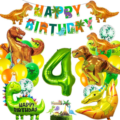 Dinosaur Birthday Party Supplies, Dinosaurs Party Decorations 4 Year Old Foil Balloons for Boys and Girls,Include Balloons, Foil Balloons,Banner,Cake