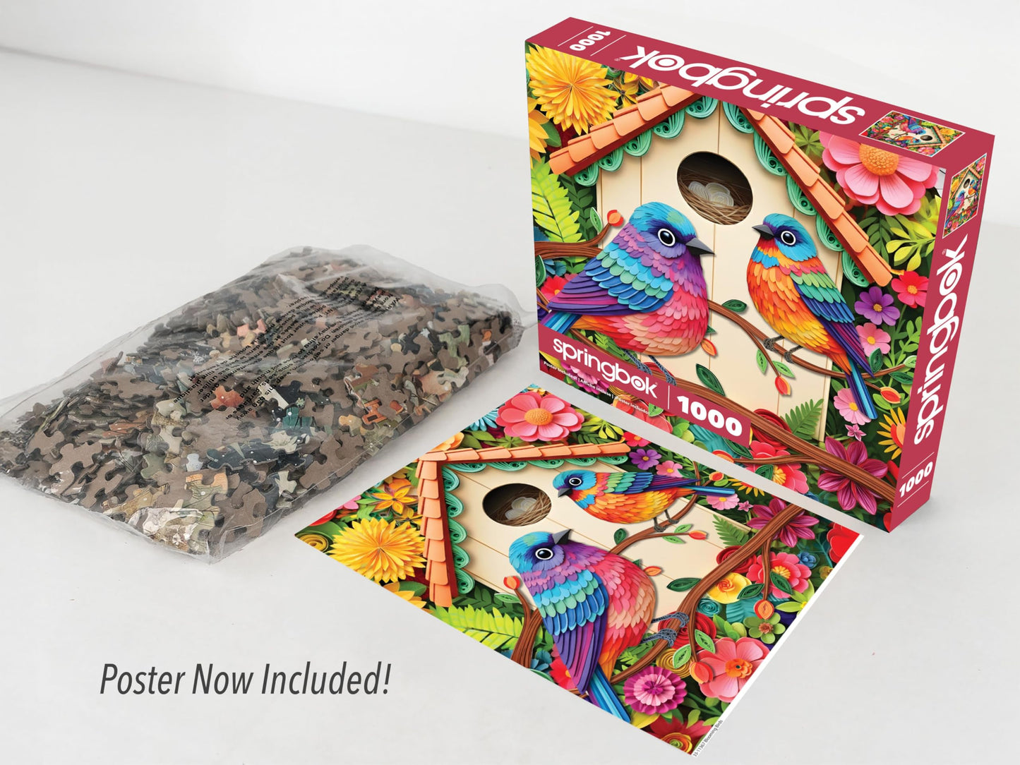 Springbok Blooming Birds 1000 Piece Jigsaw Puzzle for Adults - Poster Now Included - Colorful Bird House - Unique Cut Pieces - Made in USA