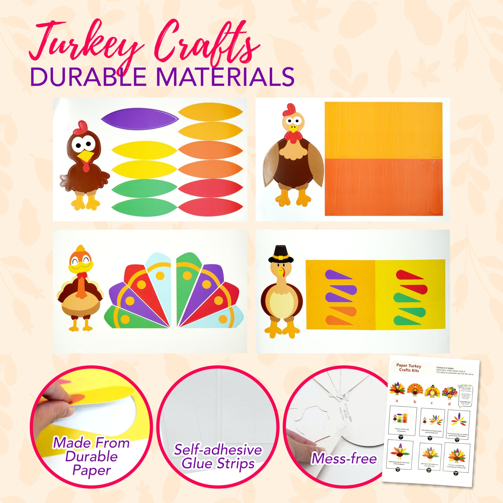 4E's Novelty Turkey Craft Kit, 4 Pcs Thanksgiving Crafts Kits for Kids, Thankful Turkey Activity Turkeys Arts and Crafts Friends Giving Kids Craft