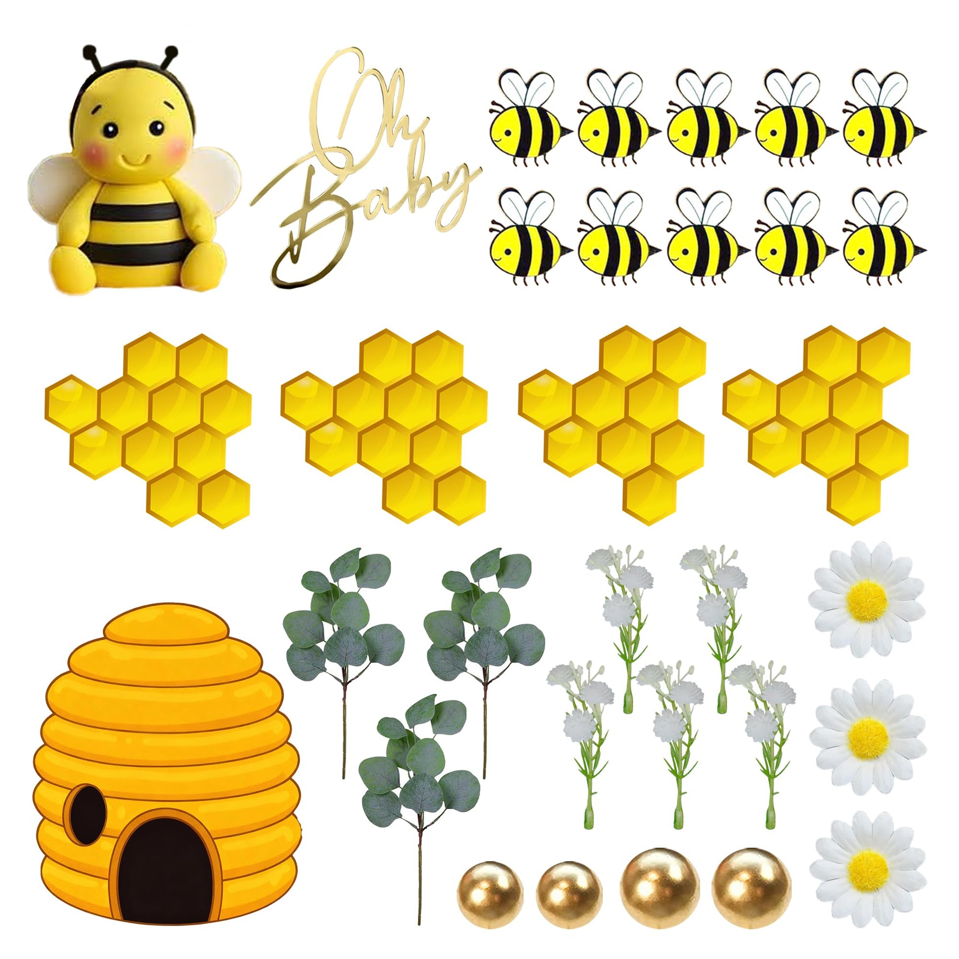 Bee Cake Topper with Bee Ornament Artificial Leaves Flowers Balls for Honeycomb Theme Birthday Supplies