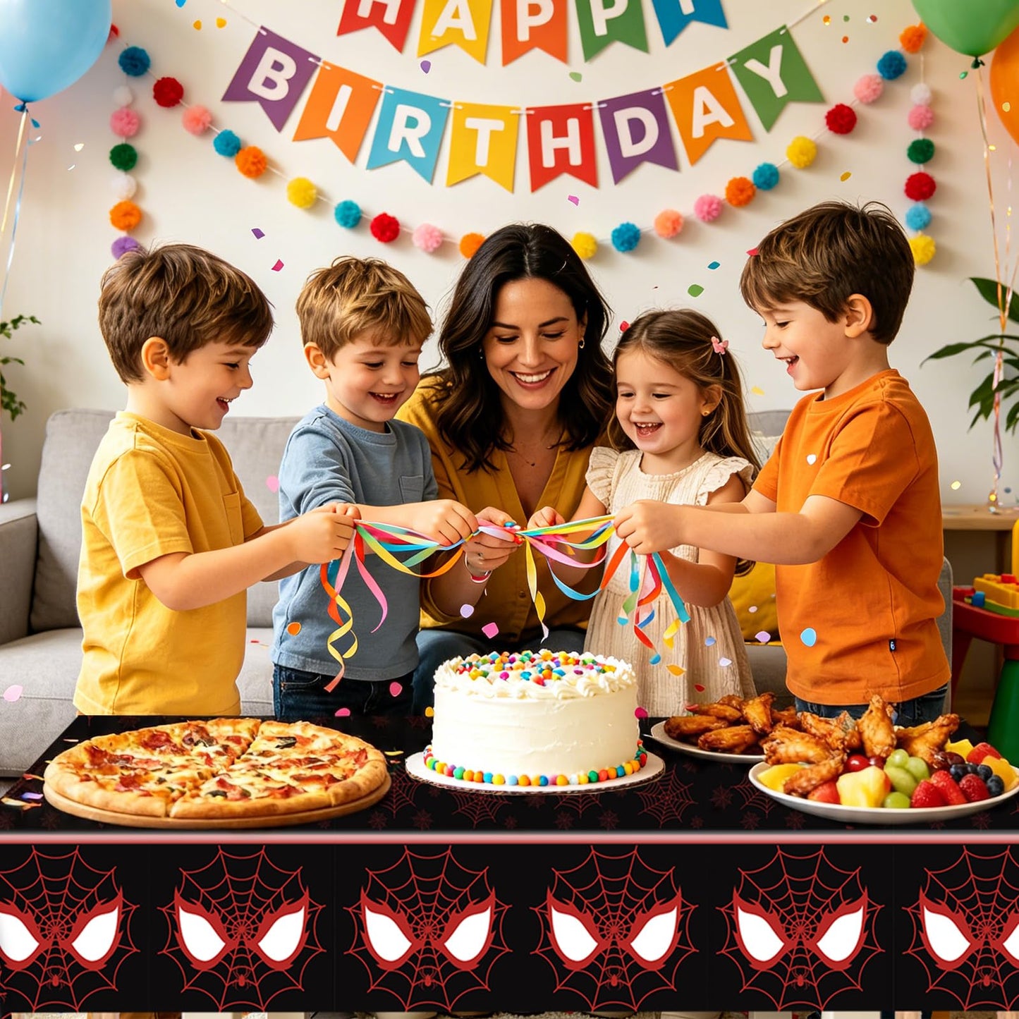 WPDISCZ 4Pcs Spider Birthday Decorations Tablecloths, 54" x 108" Spider Table Cloth Disposable Rectangle Plastic Table Cover for Birthday Party