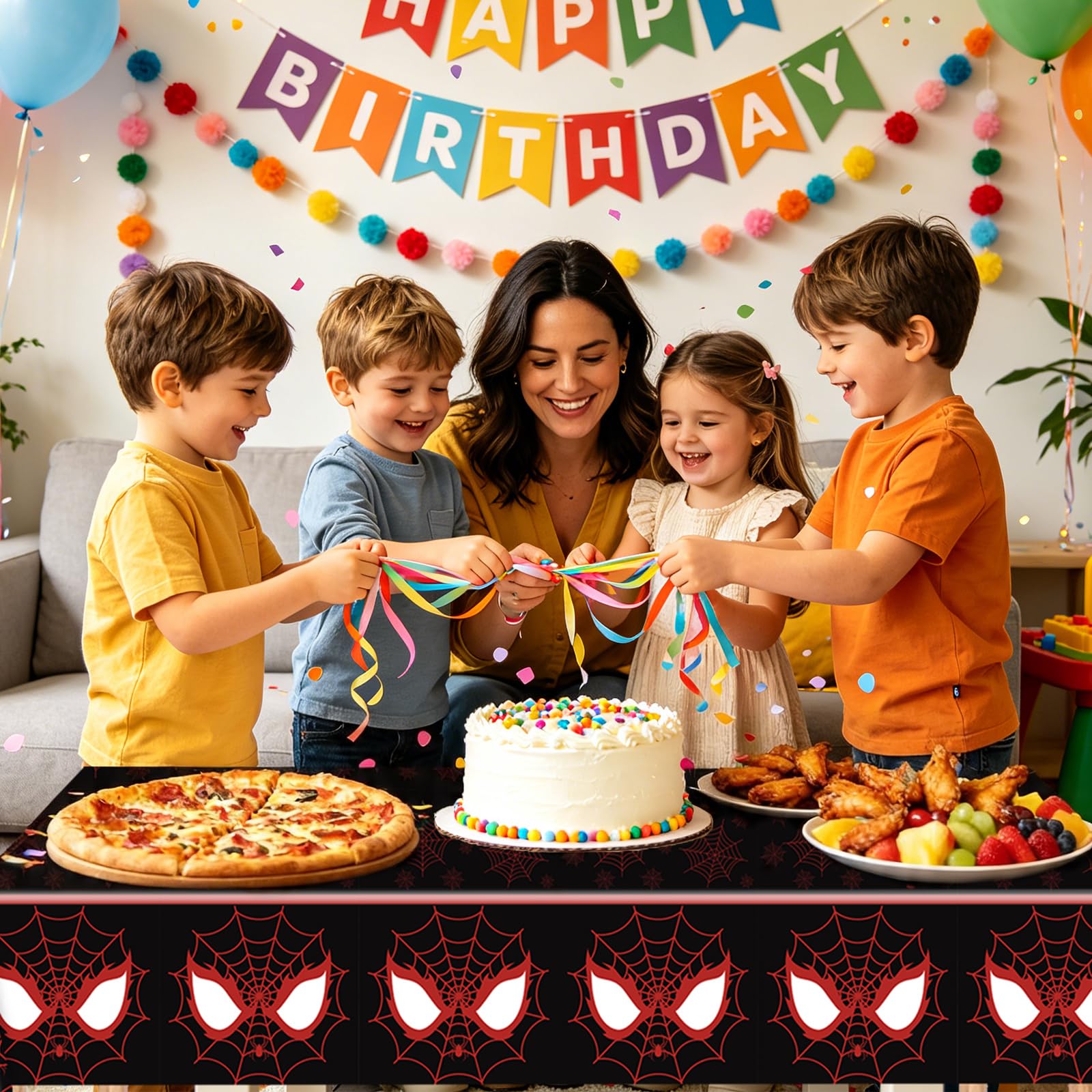 WPDISCZ 4Pcs Spider Birthday Decorations Tablecloths, 54" x 108" Spider Table Cloth Disposable Rectangle Plastic Table Cover for Birthday Party