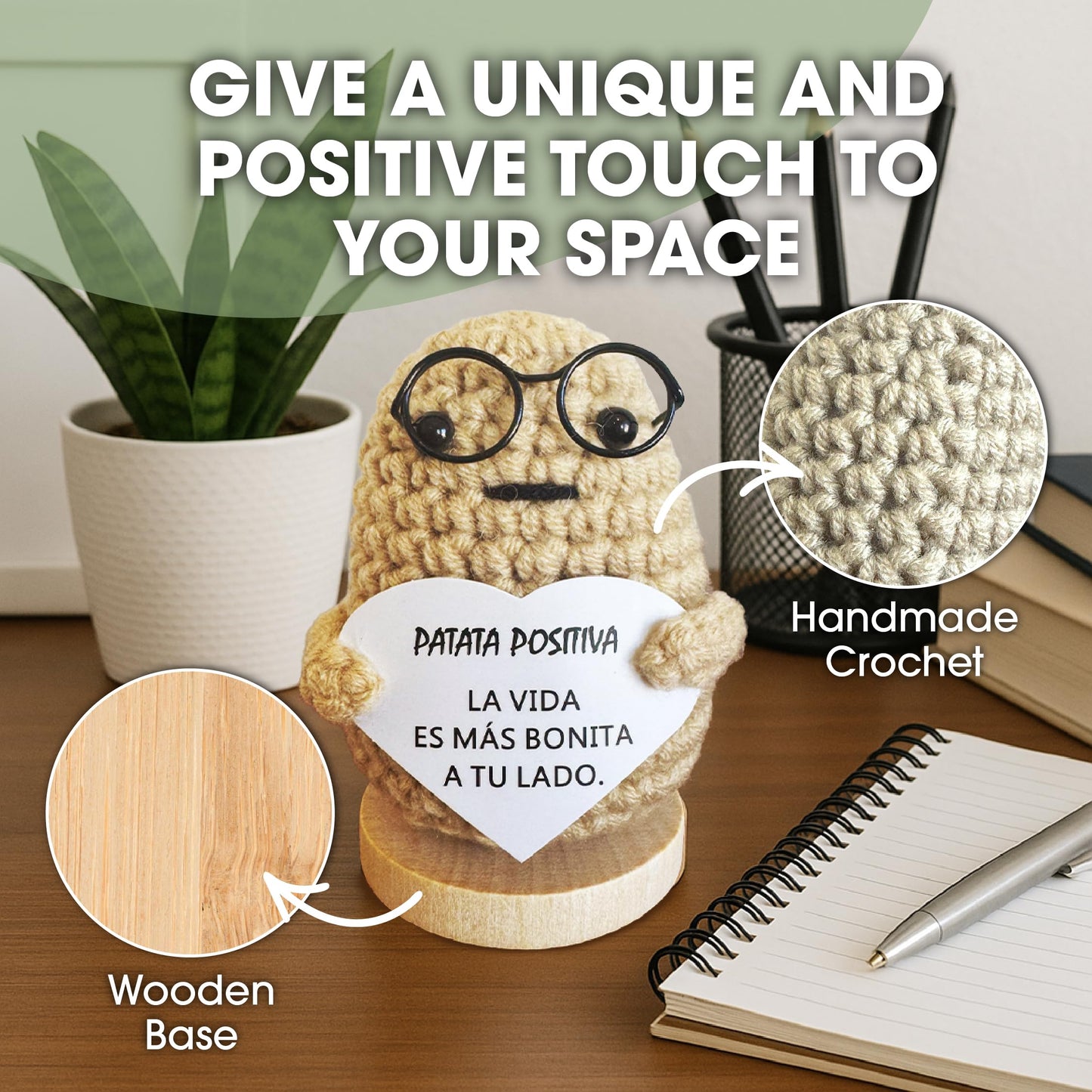 Famylux Positive Potato Doll - Handcrafted Crochet Doll with Heartfelt Message - Motivational Gift for Office and Home - Emotional Support - Light