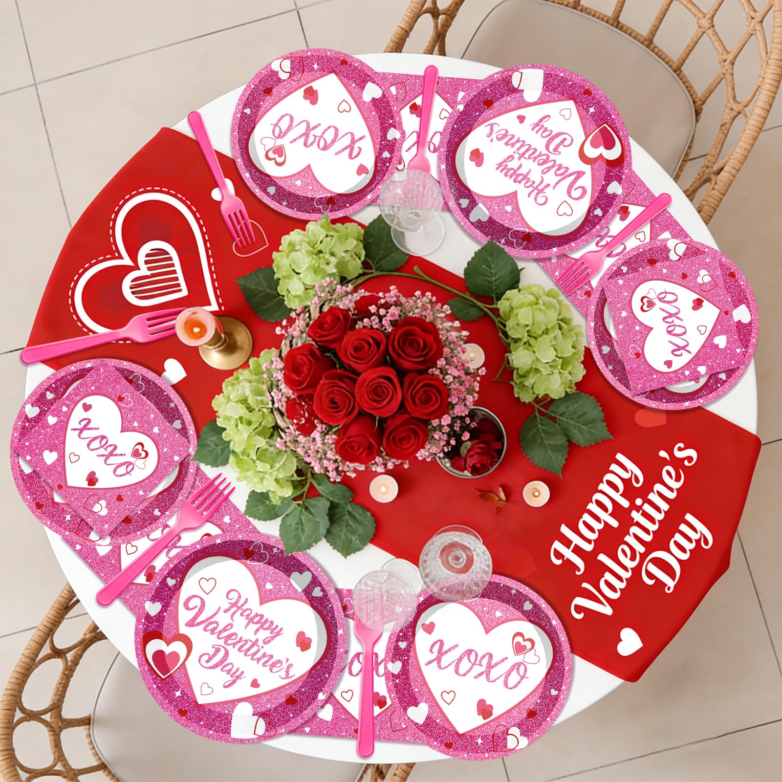 96Pcs Valentine's Day Paltes and Napkins Pink XOXO Plates and Napkins for Romantic Valentine's Day Party Decorations, Serves 24