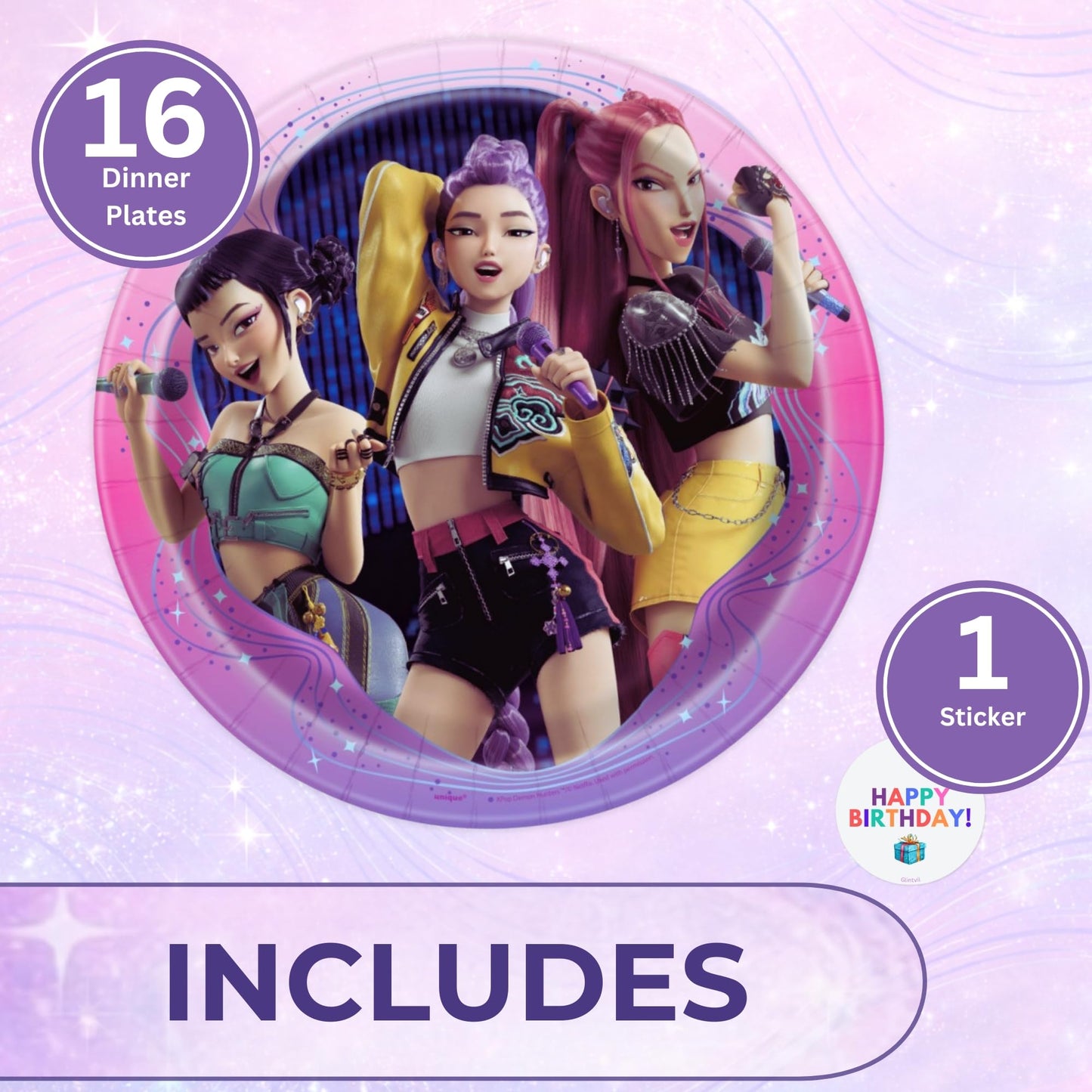 Unique 16 Plates KPop Demon Hunters - 9" Paper Dinner Plates (Pack of 16) - KPop Demon Hunters Birthday Decorations and Party Supplies - Officially