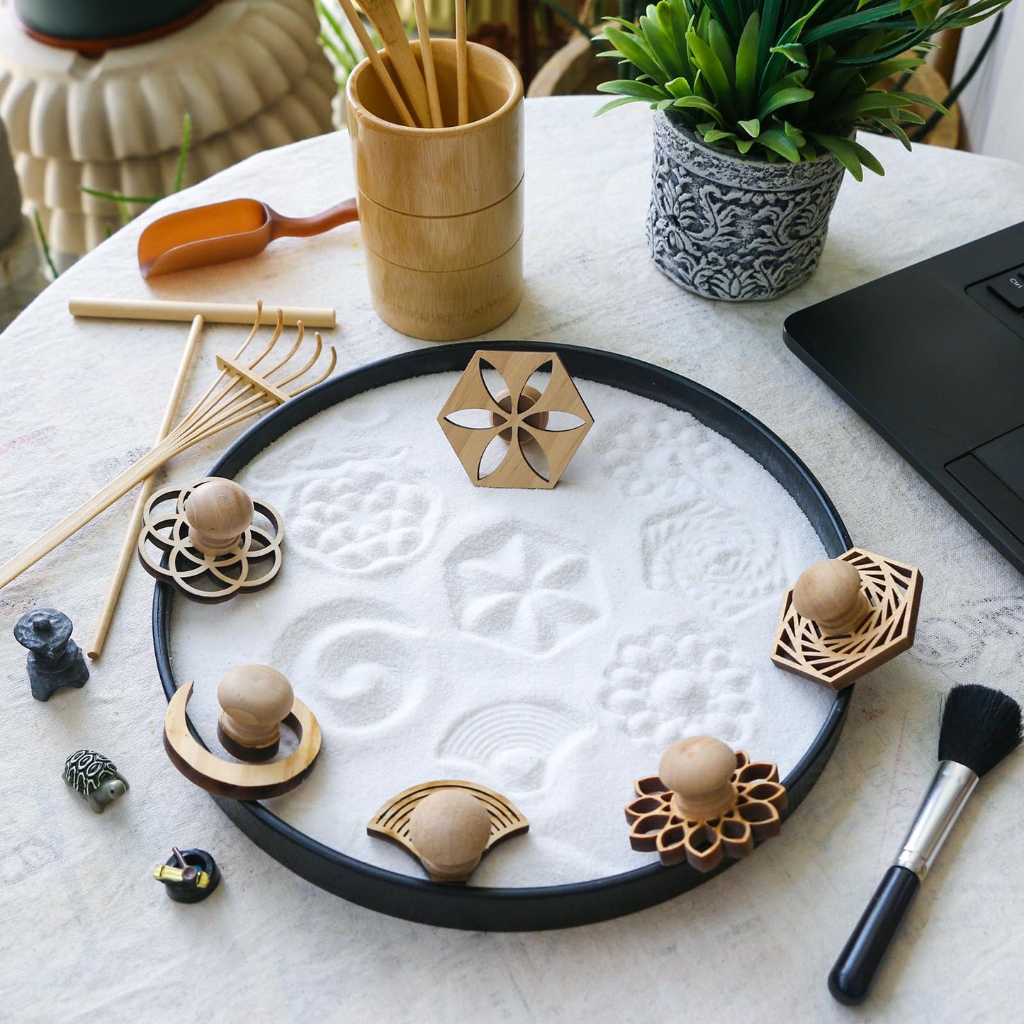 Zen Garden Rake Stamp Tools - Meditation Rock Sand Garden Accessories - Office Desktop Mini Zen Gifts for Man Women Bamboo Rakes Holder Brusher Spoon