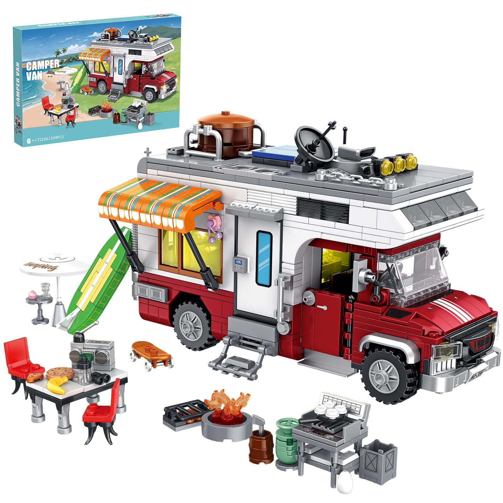 CSNRHG Camping Van Construction Toy 924 Pieces Building Block Set with Picnic Table Grill & Fire Scene Gift for Kids Teens & Vehicle Fans