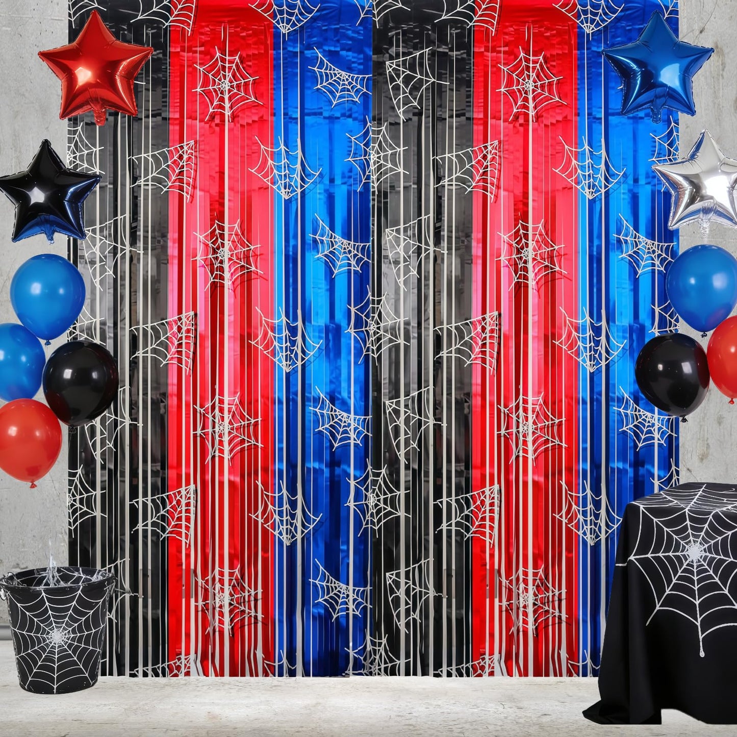 XSCSFWEQR 2 Pack 3.3 Ft x 6.6 Ft Spider Web Red Black Blue Metallic Tinsel Foil Fringe Curtains Shimmering Streamers Backdrop Photo Props for Spider