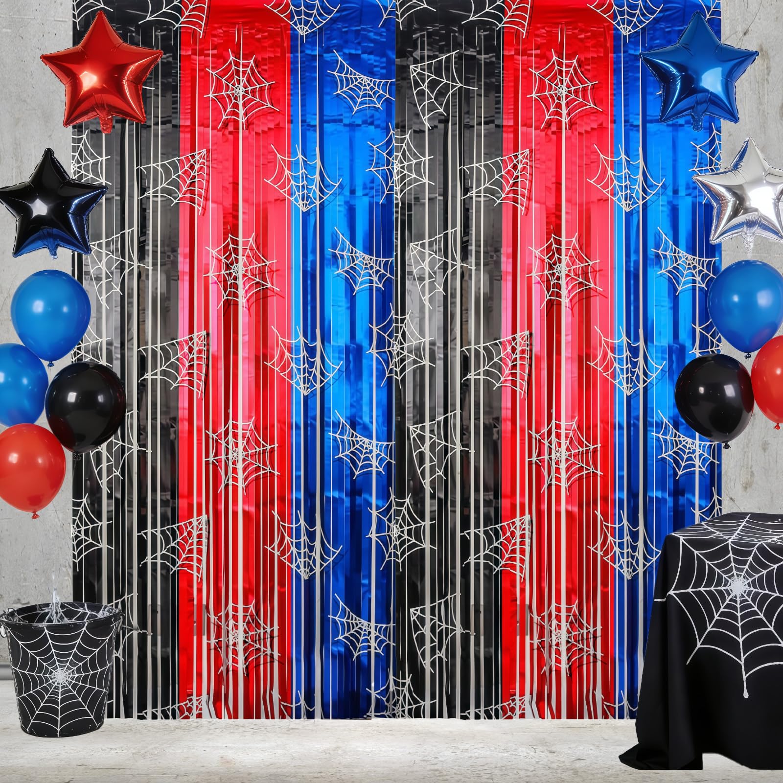 XSCSFWEQR 2 Pack 3.3 Ft x 6.6 Ft Spider Web Red Black Blue Metallic Tinsel Foil Fringe Curtains Shimmering Streamers Backdrop Photo Props for Spider