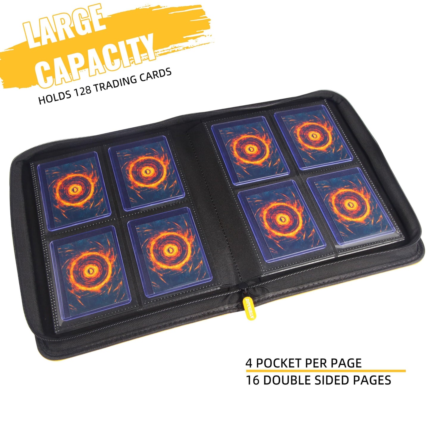 Toploader Binder, DTCGBIN 4-Pocket Top Loader Trading Card Binder Album Compatible for PKM TCG MTG,Holds 3"x4" 128 Rigid Cards (4-POCKET, Yellow Red)
