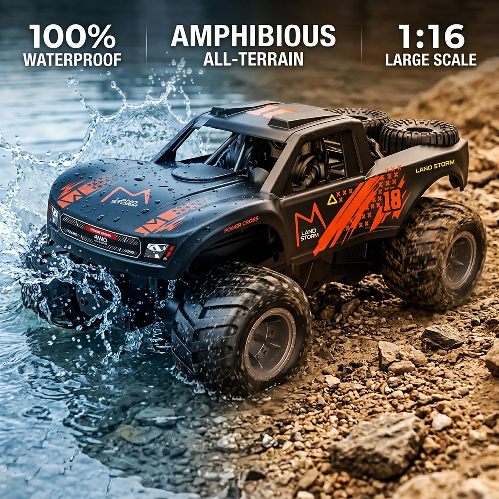 UFULMN Amphibious Remote Control Car Monster Truck - 4WD Waterproof 1:16 Large All Terrain Off Road Vehicle Batteries RC Drift Cars Beach Pool Toys