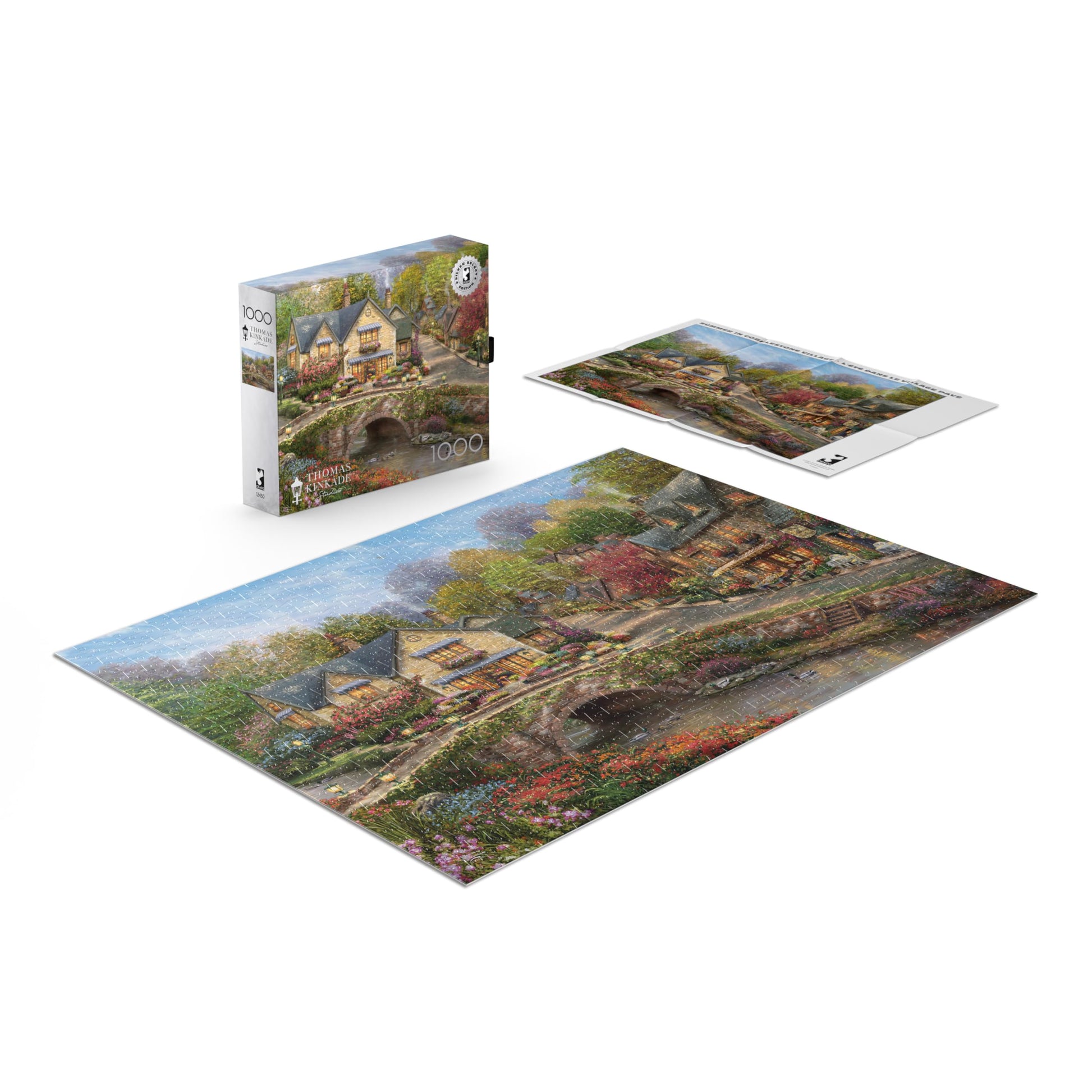 Buffalo Games Thomas Kinkade Summer in Cobblestone Village 1000 Piece Puzzle - Silver Select Premium Jigsaw Puzzle with Foil Accents & Reference
