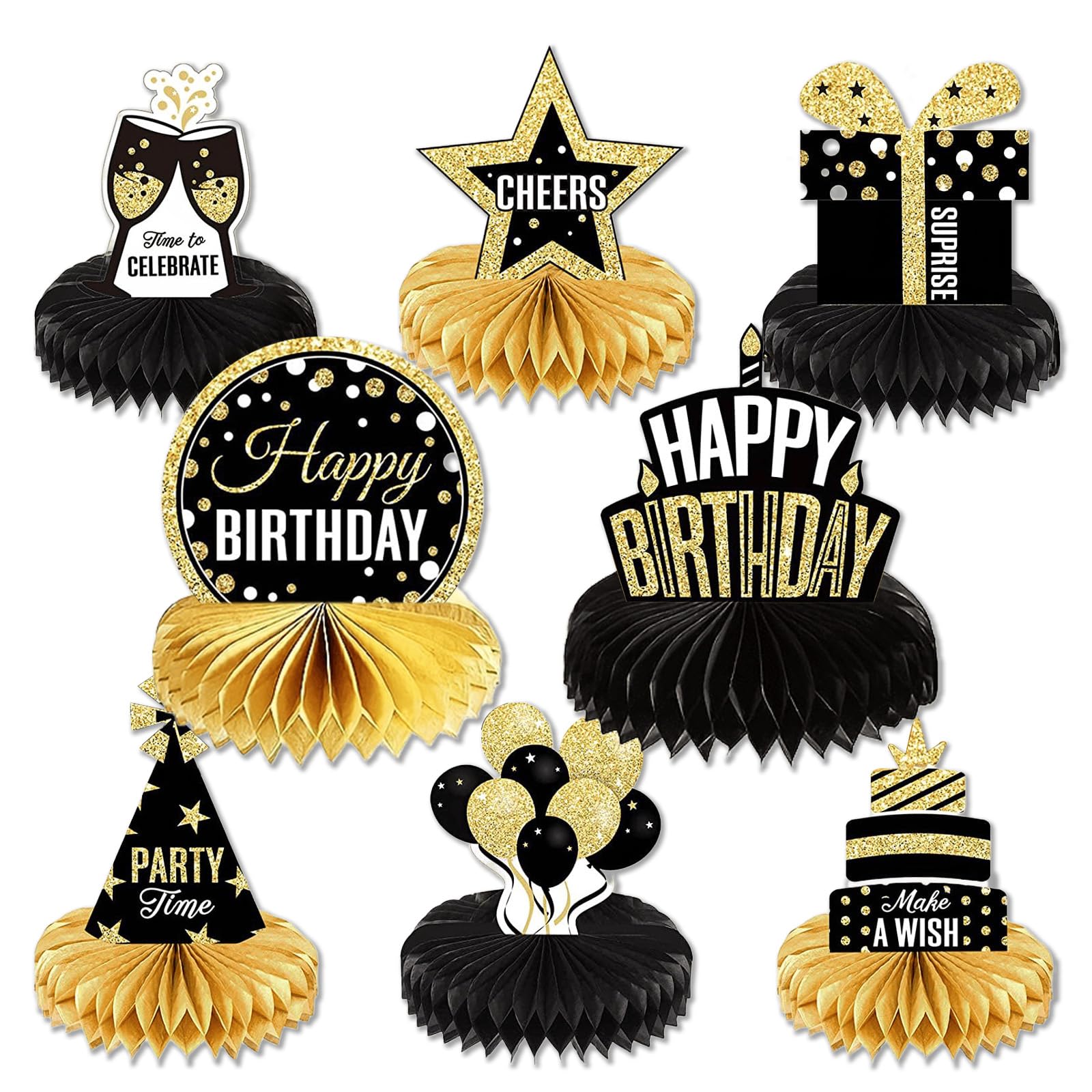 8 Pieces Happy Birthday Supplies Set,Black Gold Birthday Themed Honeycomb Centerpiece,Birthday Party Table Decoration for Adults Kids