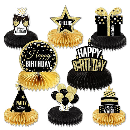 8 Pieces Happy Birthday Supplies Set,Black Gold Birthday Themed Honeycomb Centerpiece,Birthday Party Table Decoration for Adults Kids