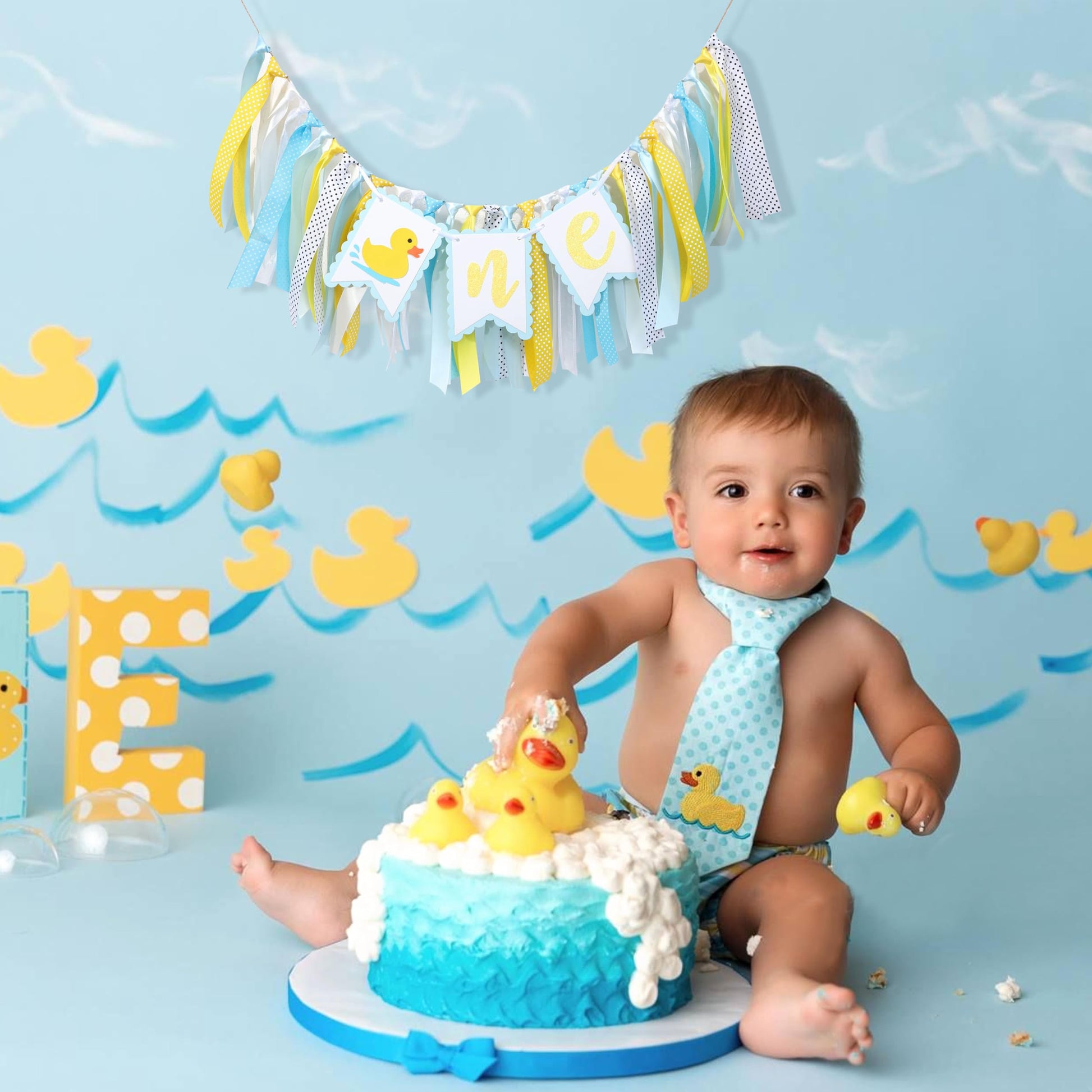 Rubber Ducky High Chair Banner - Rubber Duck Decoration, Boys Birthday Banner, Light Blue Summer Birthday Decor