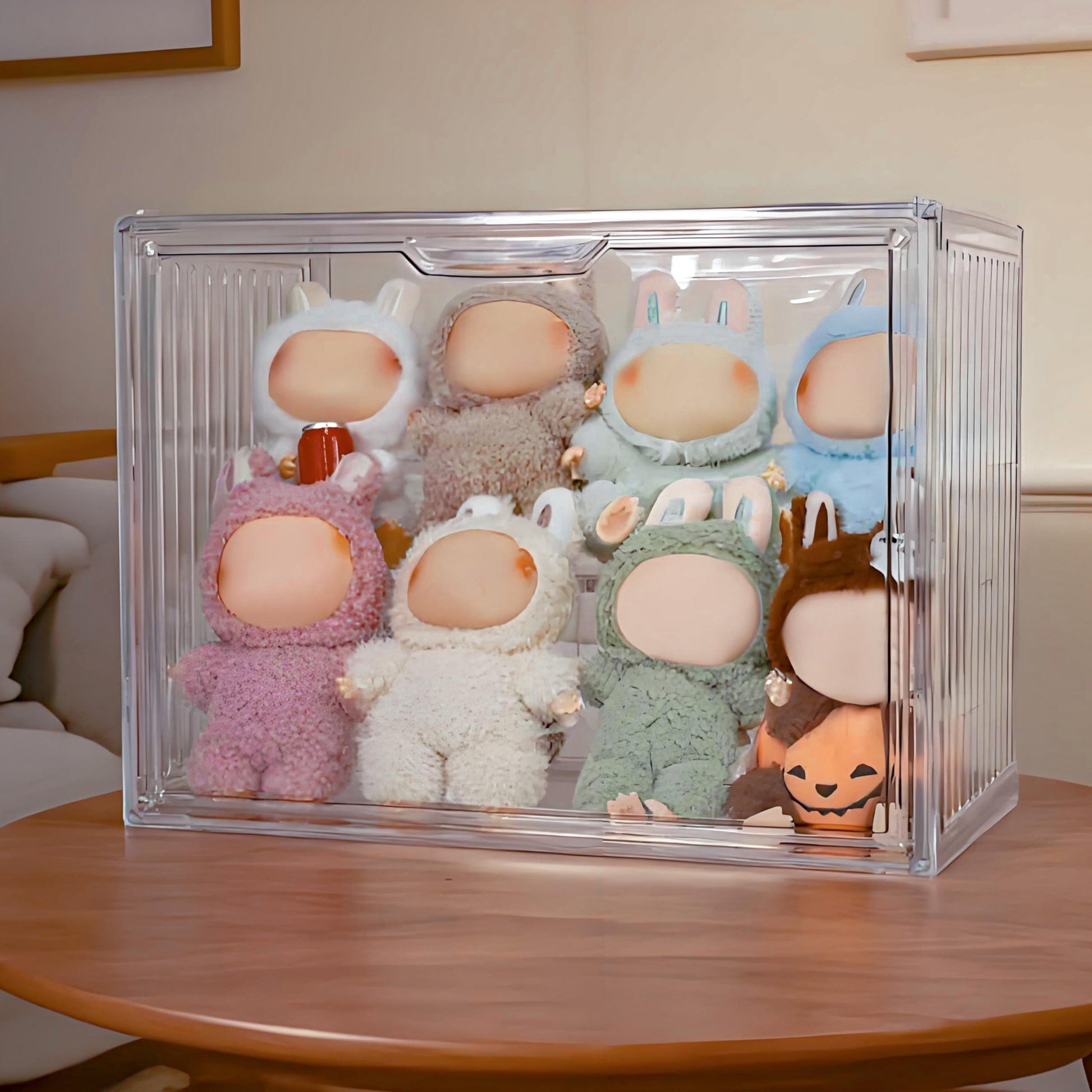 Treayes Clear Doll Storage Box Compatible with Labubu - Stackable Organizer for 15-17cm Dolls & Accessories, Transparent Display Case for